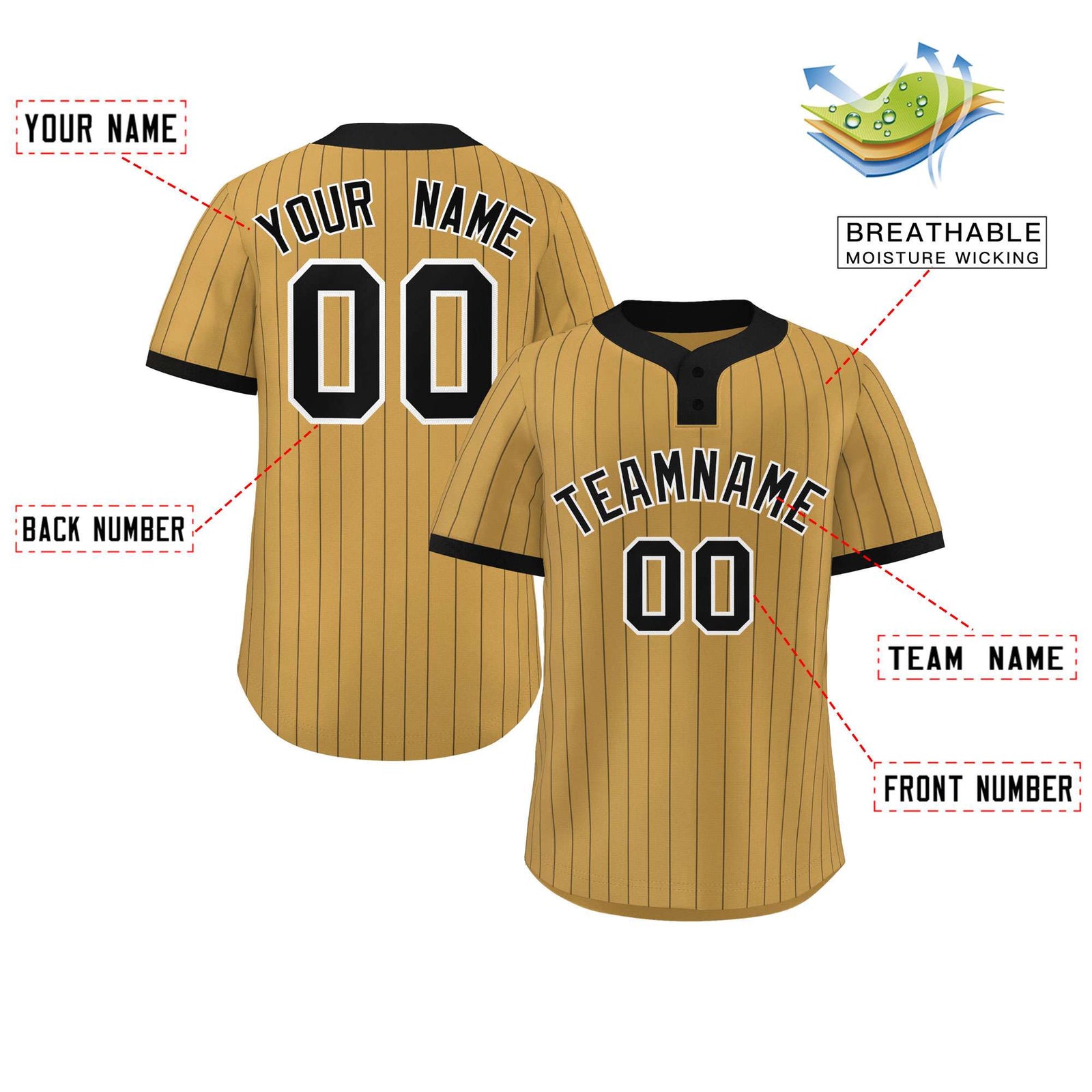 Custom Old Gold Black Stripe Fashion Authentic Two-Button Softball Jersey