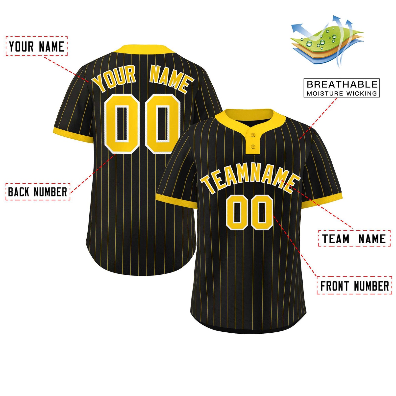 Custom Black Gold Stripe Fashion Authentic Two-Button Softball Jersey
