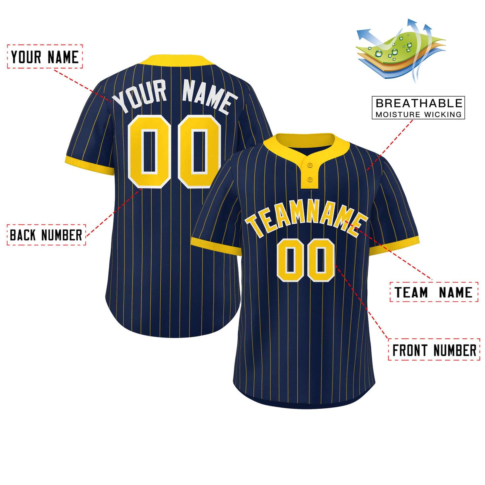 Custom Navy Gold Stripe Fashion Authentic Two-Button Softball Jersey