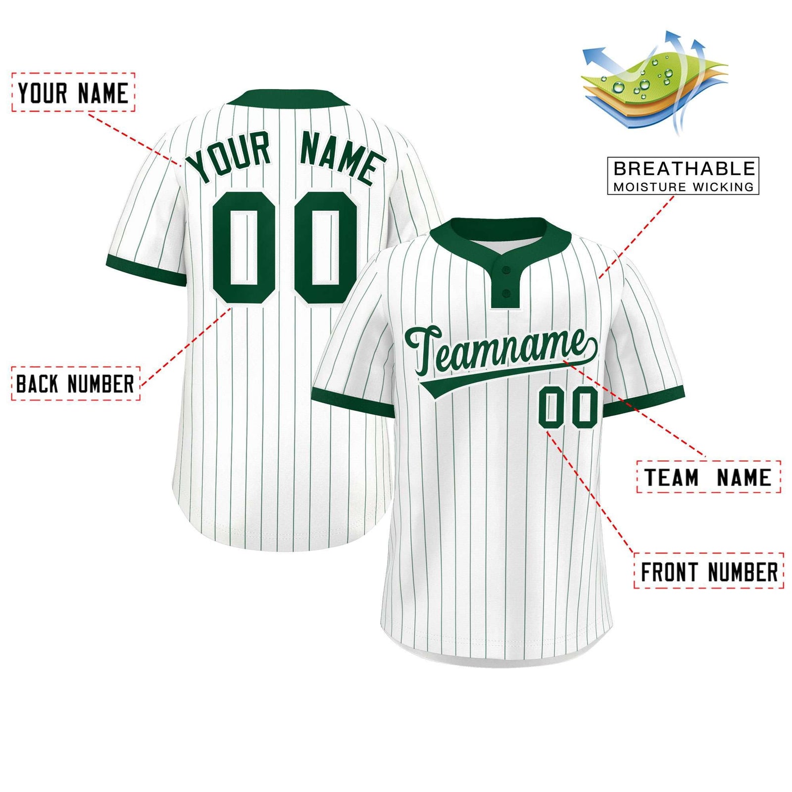 Custom White Green Stripe Fashion Authentic Two-Button Softball Jersey