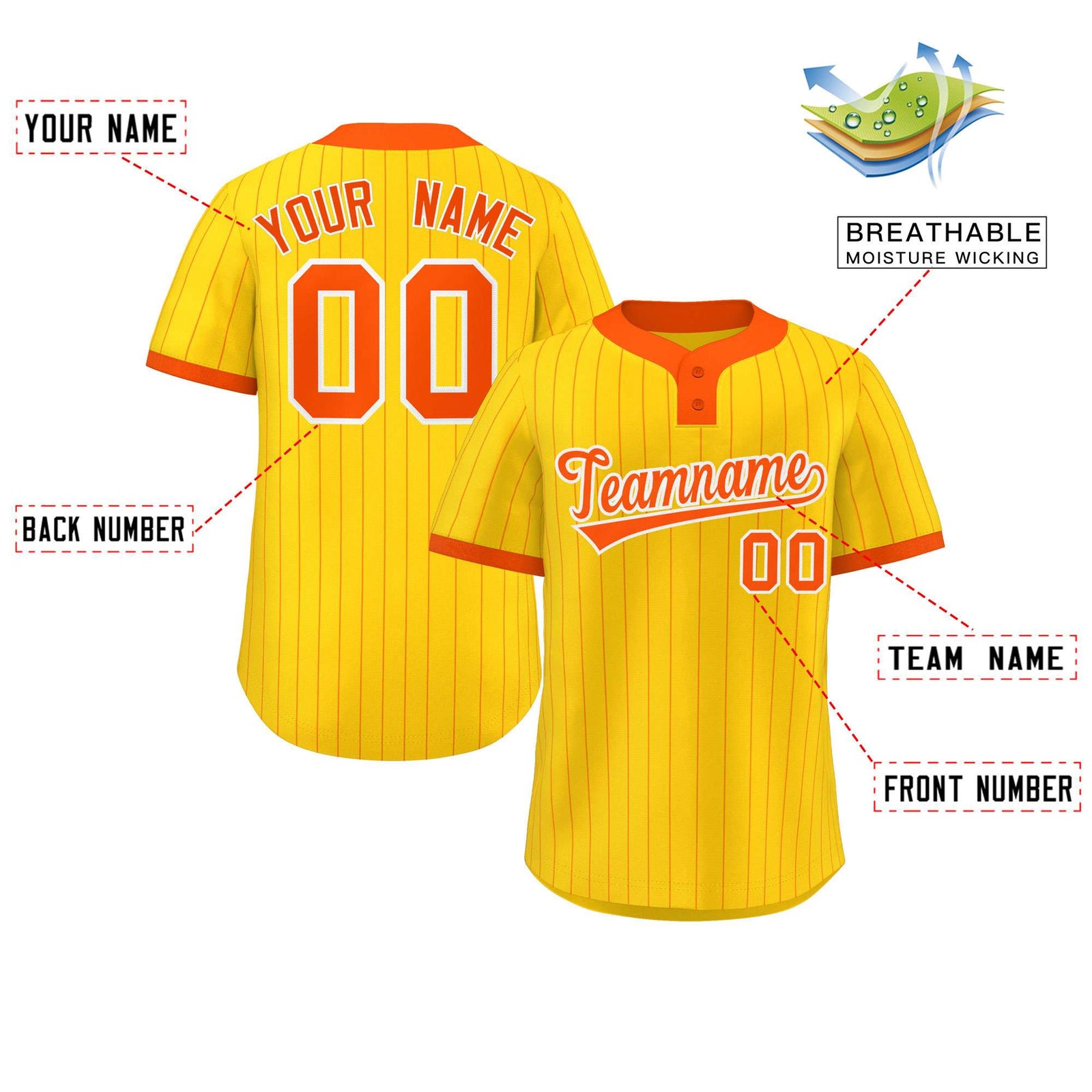 Custom Gold Orange Stripe Fashion Authentic Two-Button Softball Jersey