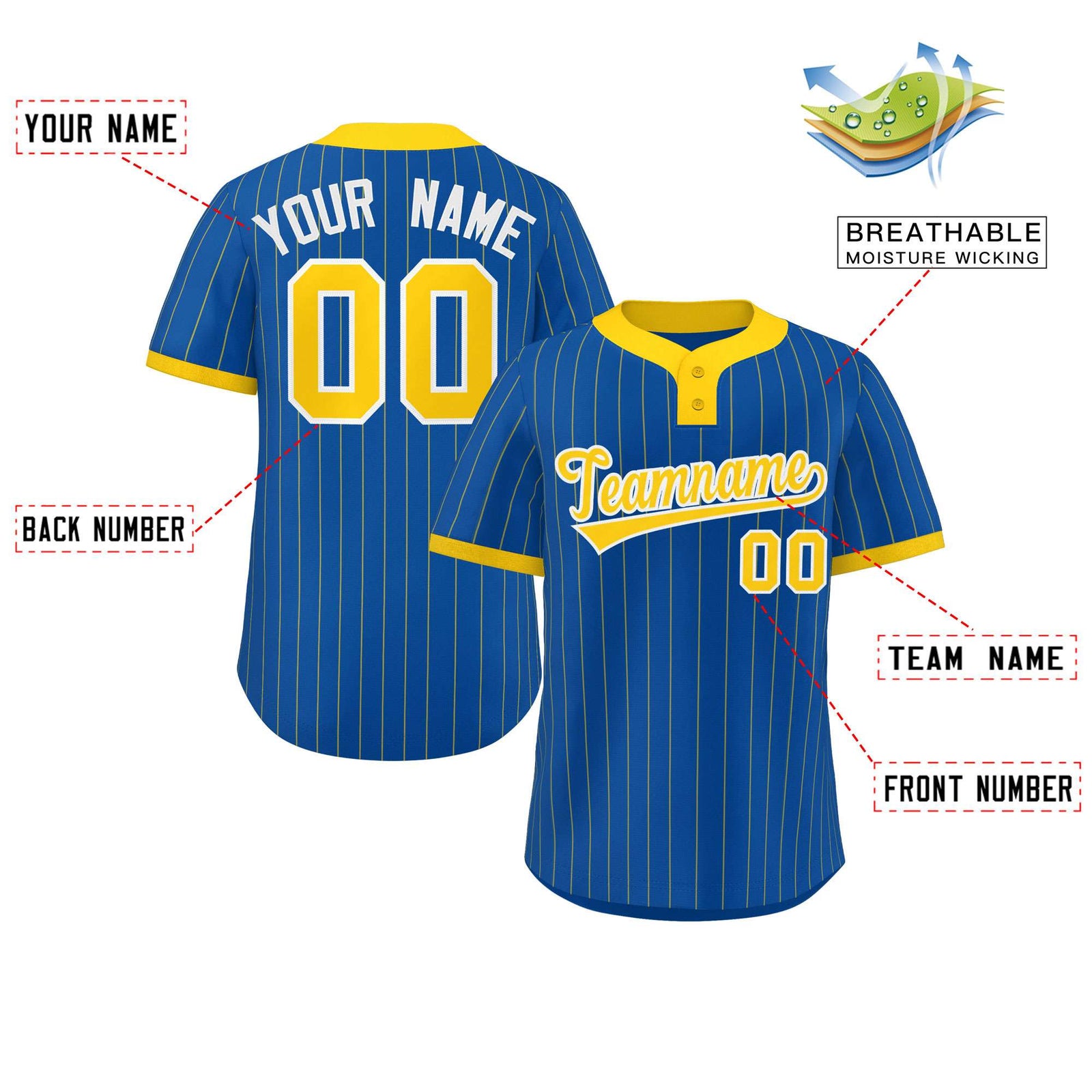 Custom Royal Gold Stripe Fashion Authentic Two-Button Softball Jersey