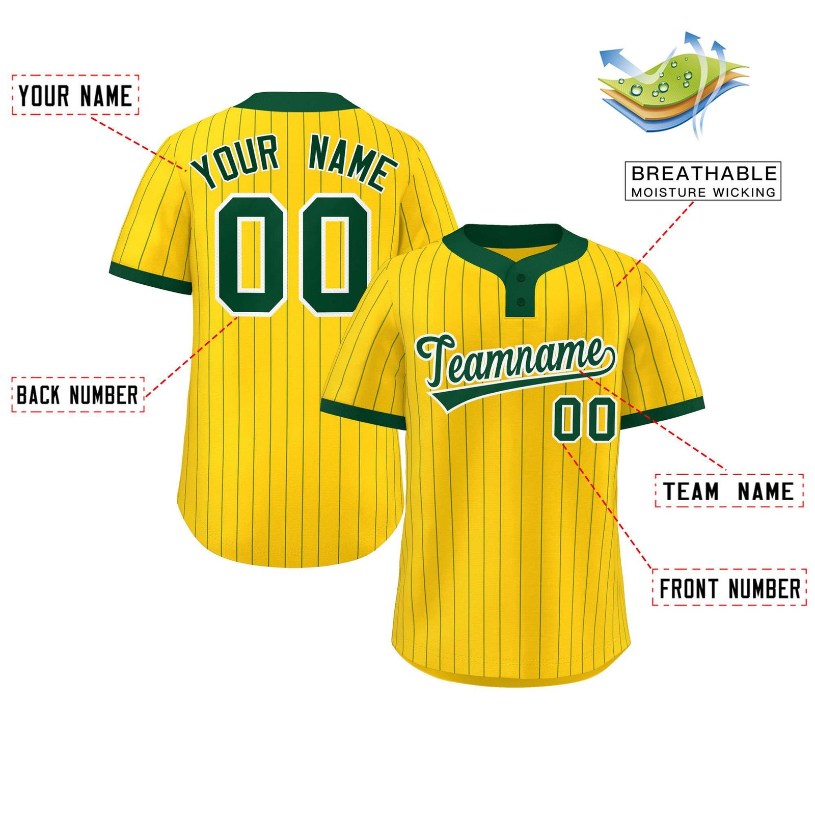Custom Gold Green Stripe Fashion Authentic Two-Button Softball Jersey