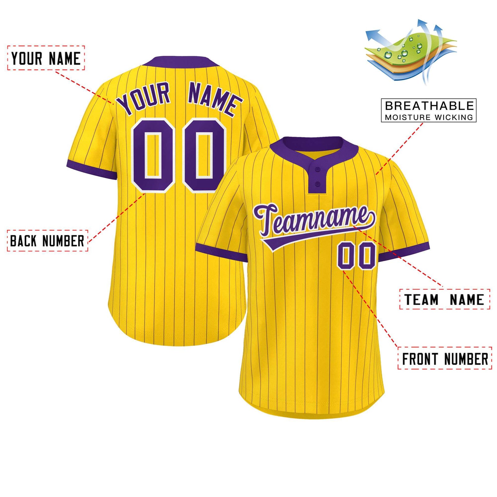Custom Gold Purple Stripe Fashion Authentic Two-Button Softball Jersey