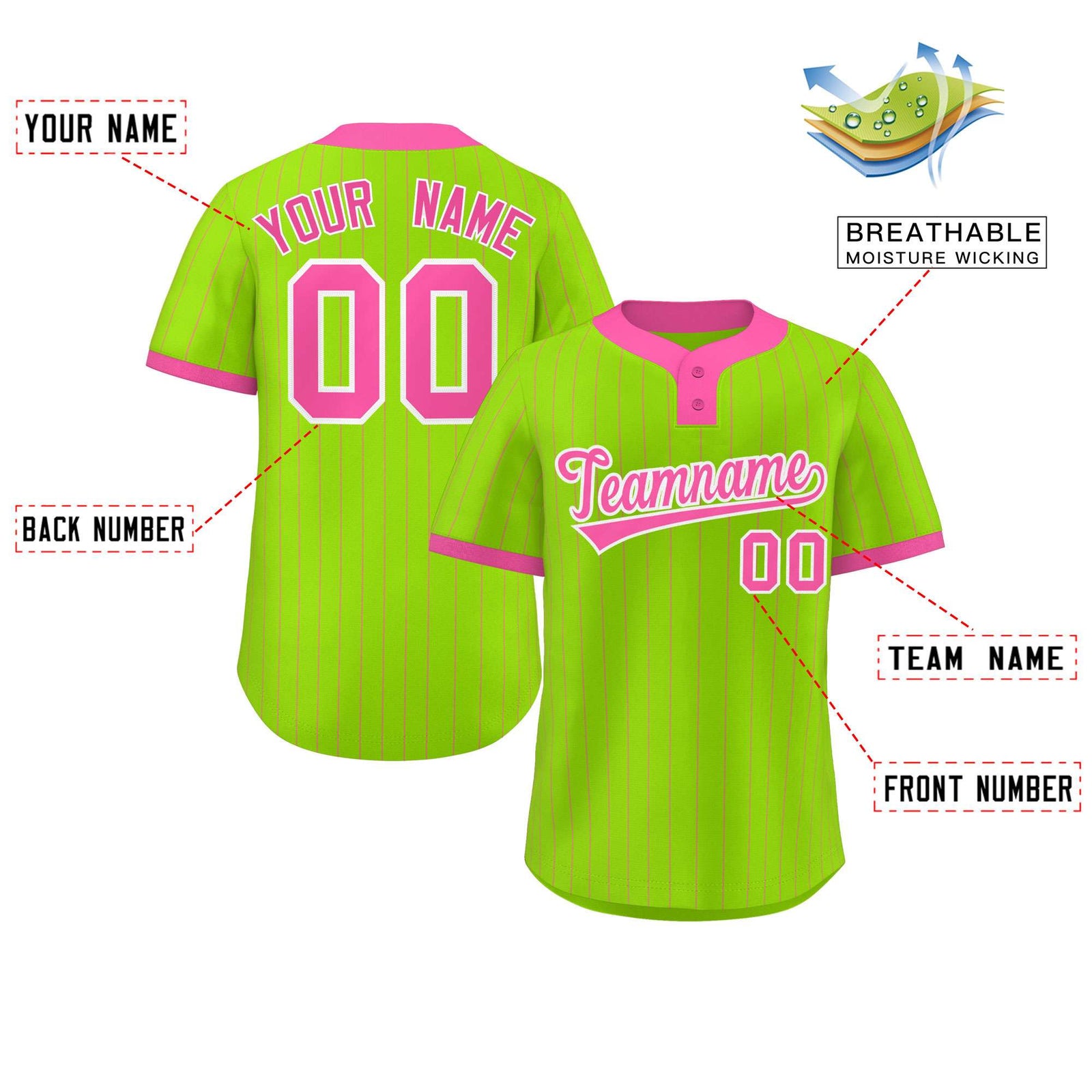 Custom Neon Green Pink Stripe Fashion Authentic Two-Button Softball Jersey