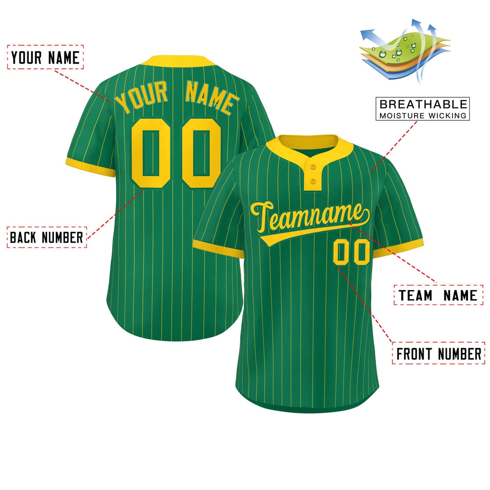 Custom Kelly Green Gold Stripe Fashion Authentic Two-Button Softball Jersey