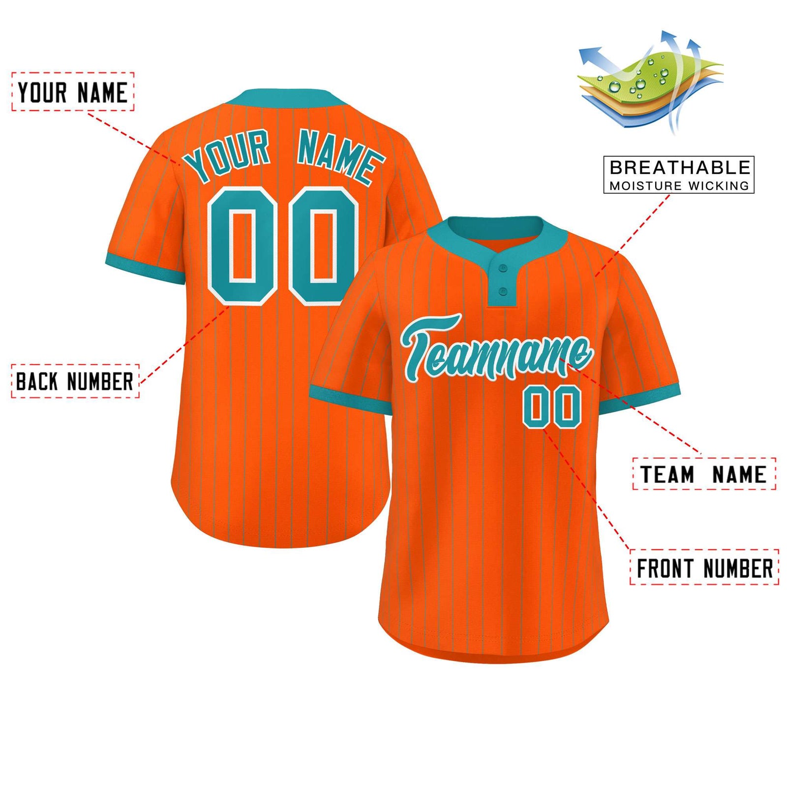Custom Orange Aqua Stripe Fashion Authentic Two-Button Softball Jersey