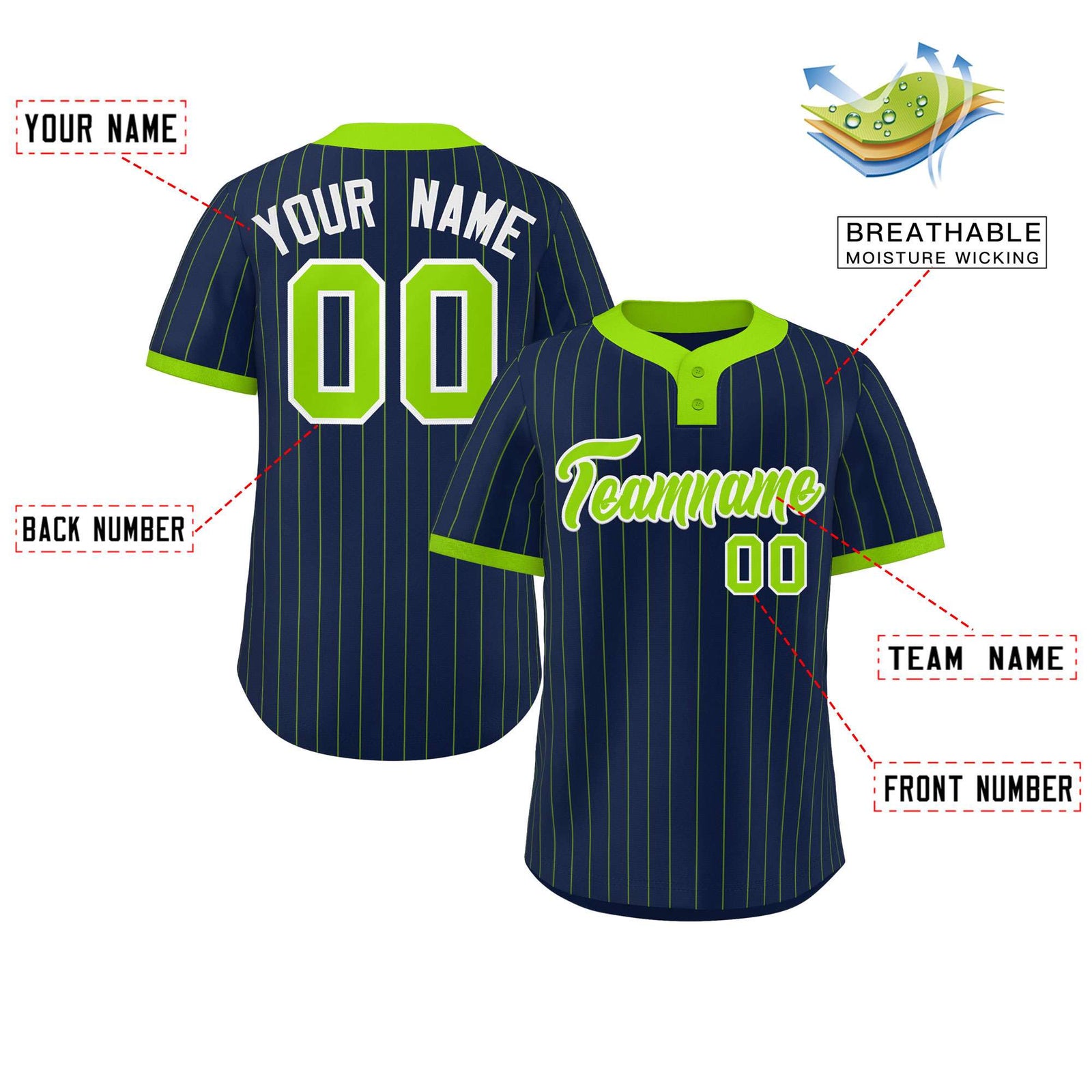 Custom Navy Neon Green Stripe Fashion Authentic Two-Button Softball Jersey