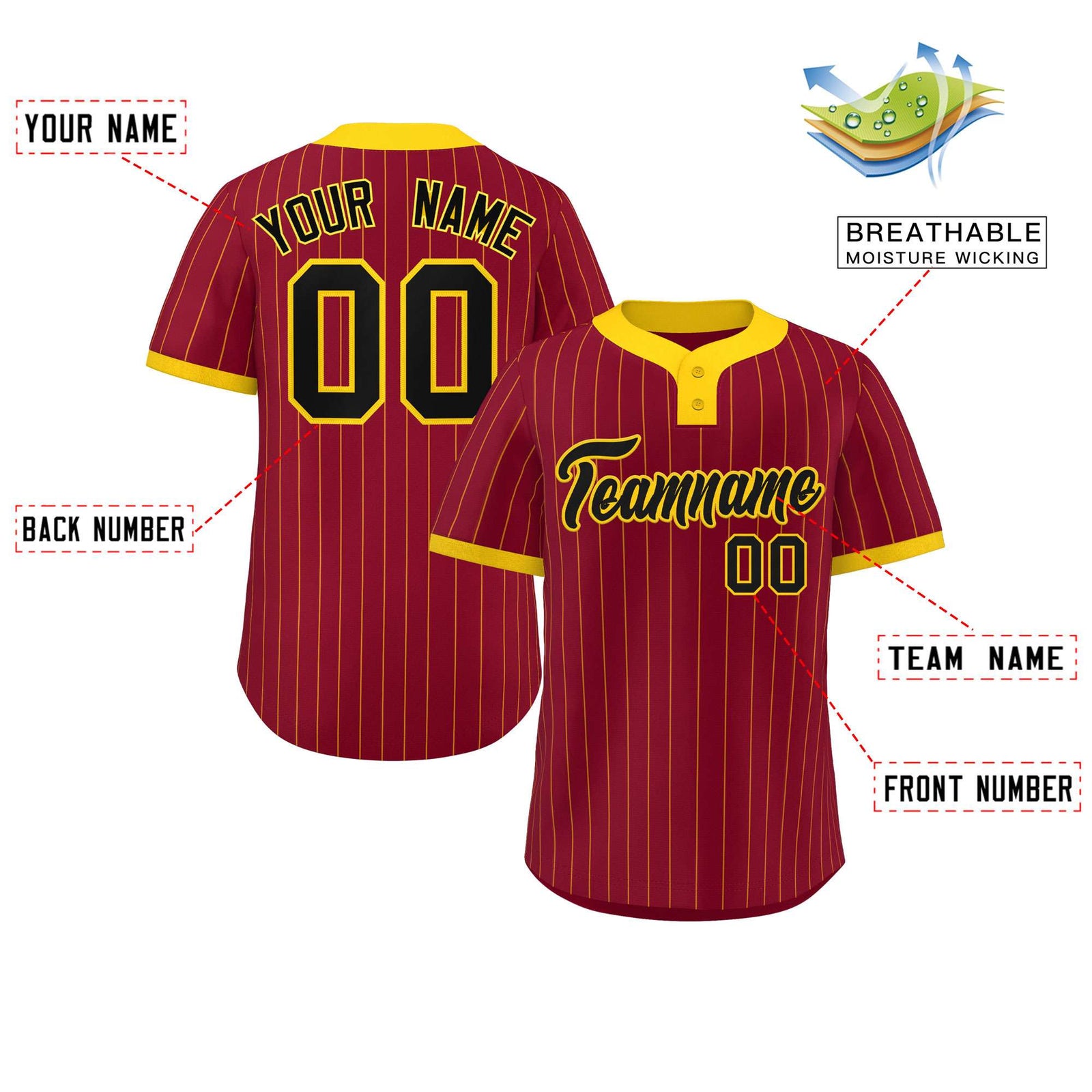 Custom Crimson Gold Stripe Fashion Authentic Two-Button Softball Jersey