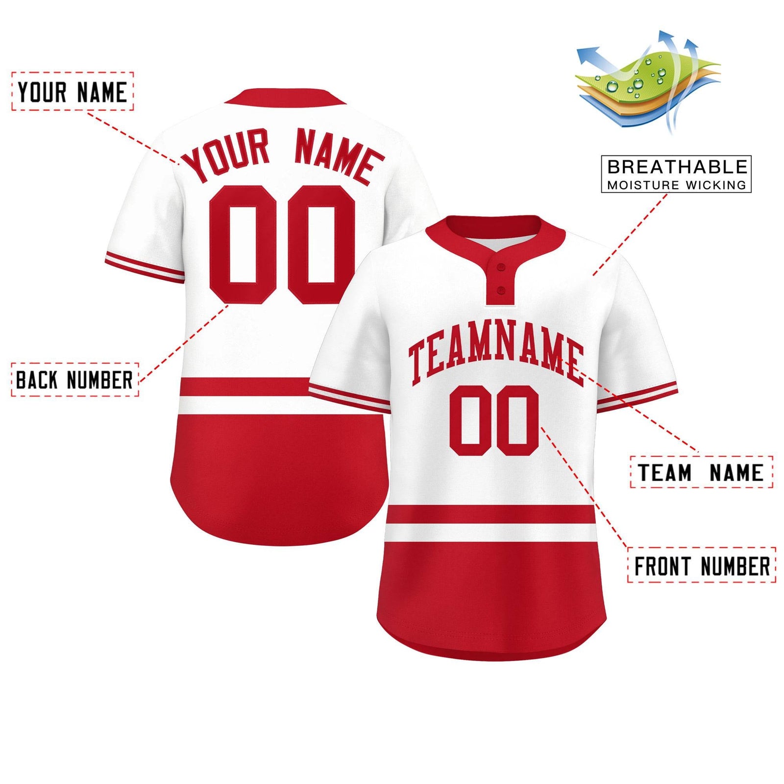 Custom White Red Color Block Personalized Authentic Two-Button Softball Jersey