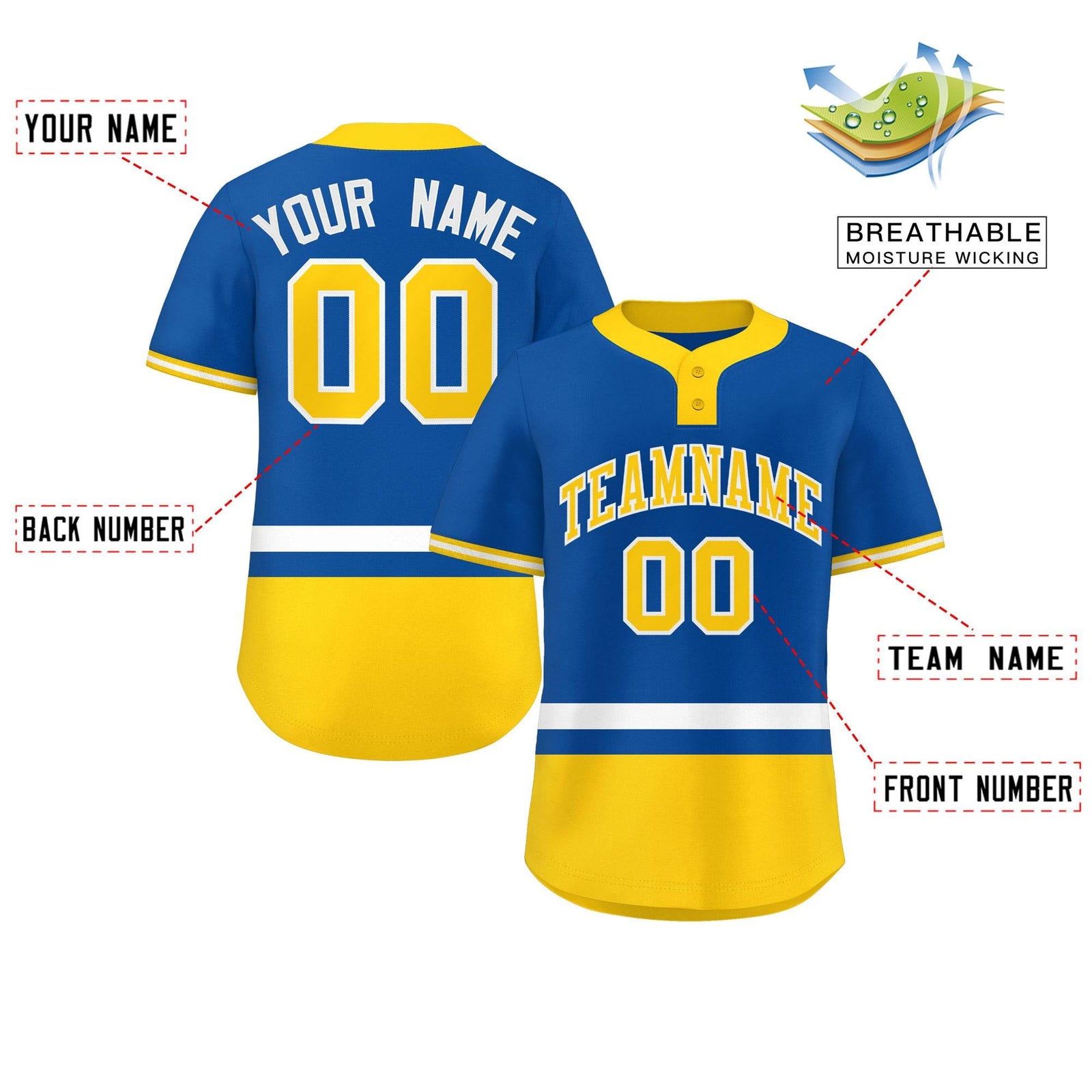 Custom Royal White-Gold Color Block Personalized Authentic Two-Button Softball Jersey