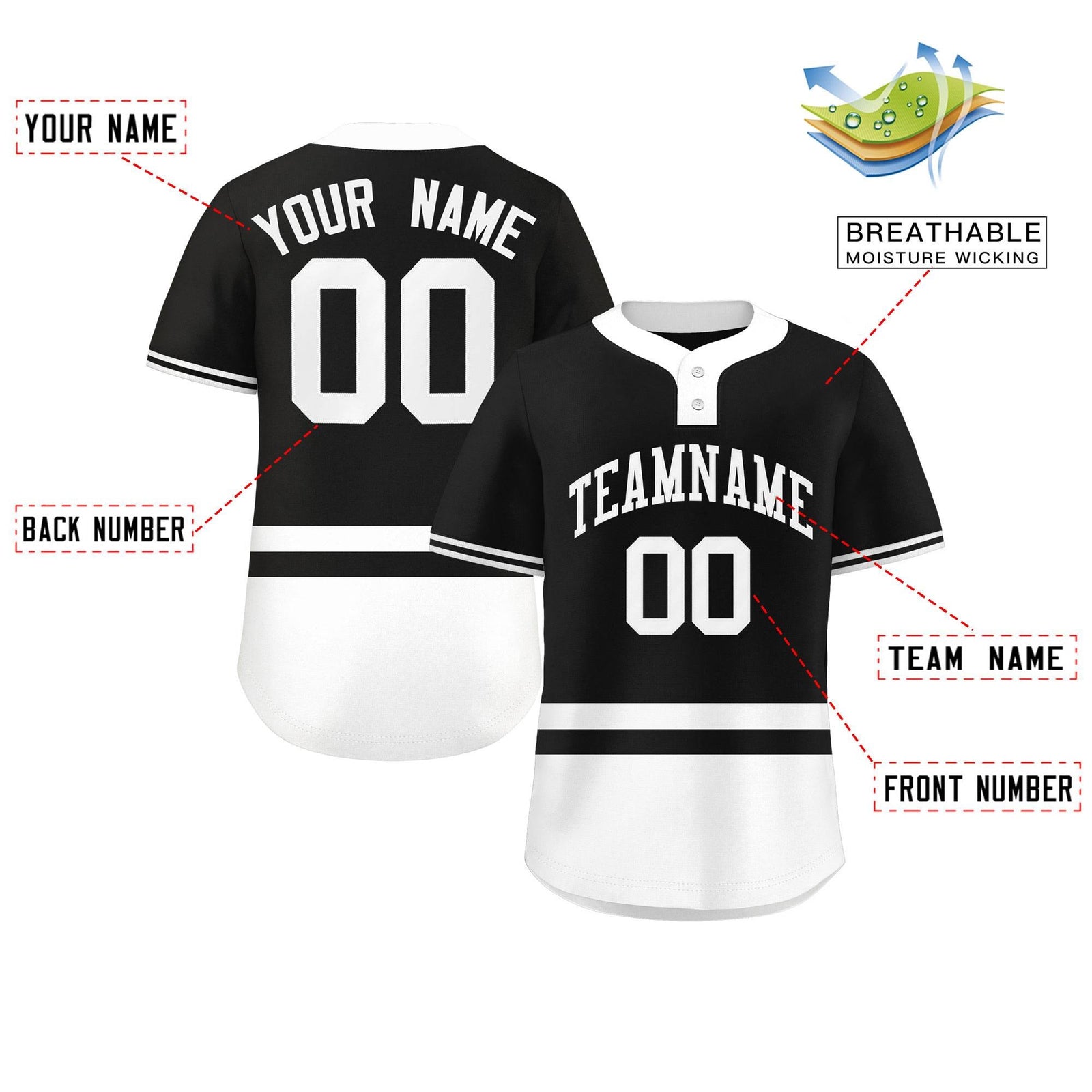 Custom Black White Color Block Personalized Authentic Two-Button Softball Jersey
