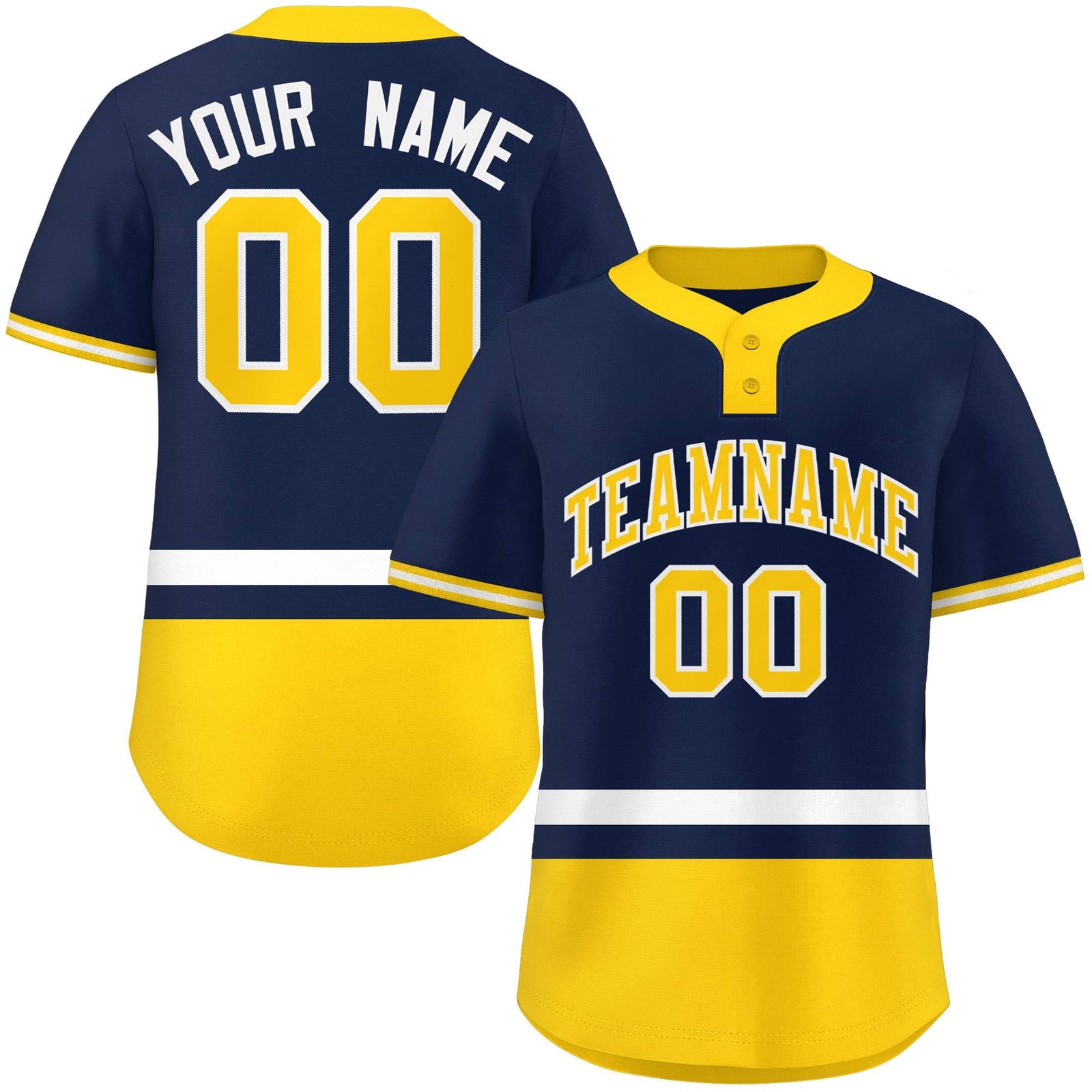 Custom Navy White-Gold Color Block Personalized Authentic Two-Button Softball Jersey