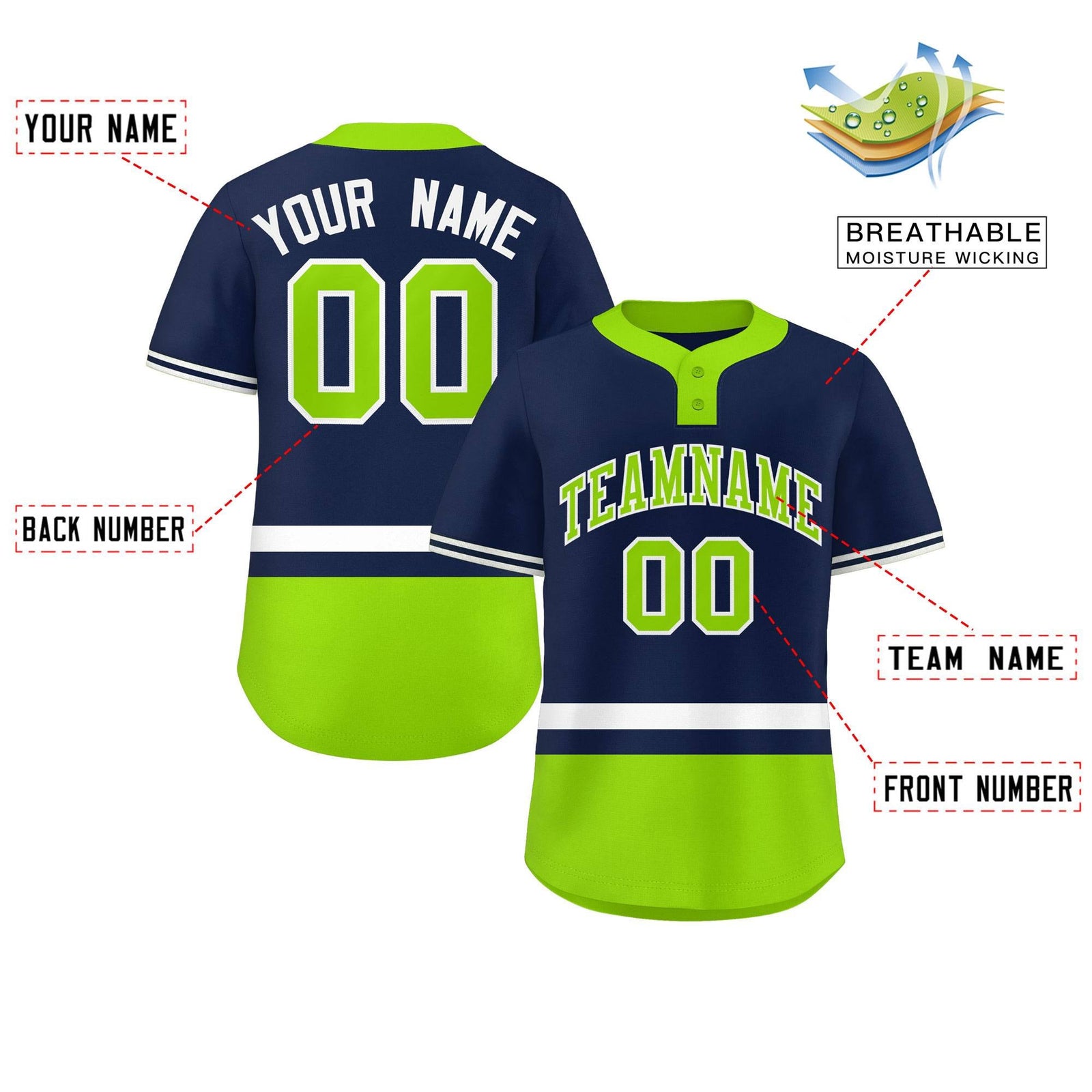 Custom Navy White-Neon Green Color Block Personalized Authentic Two-Button Softball Jersey
