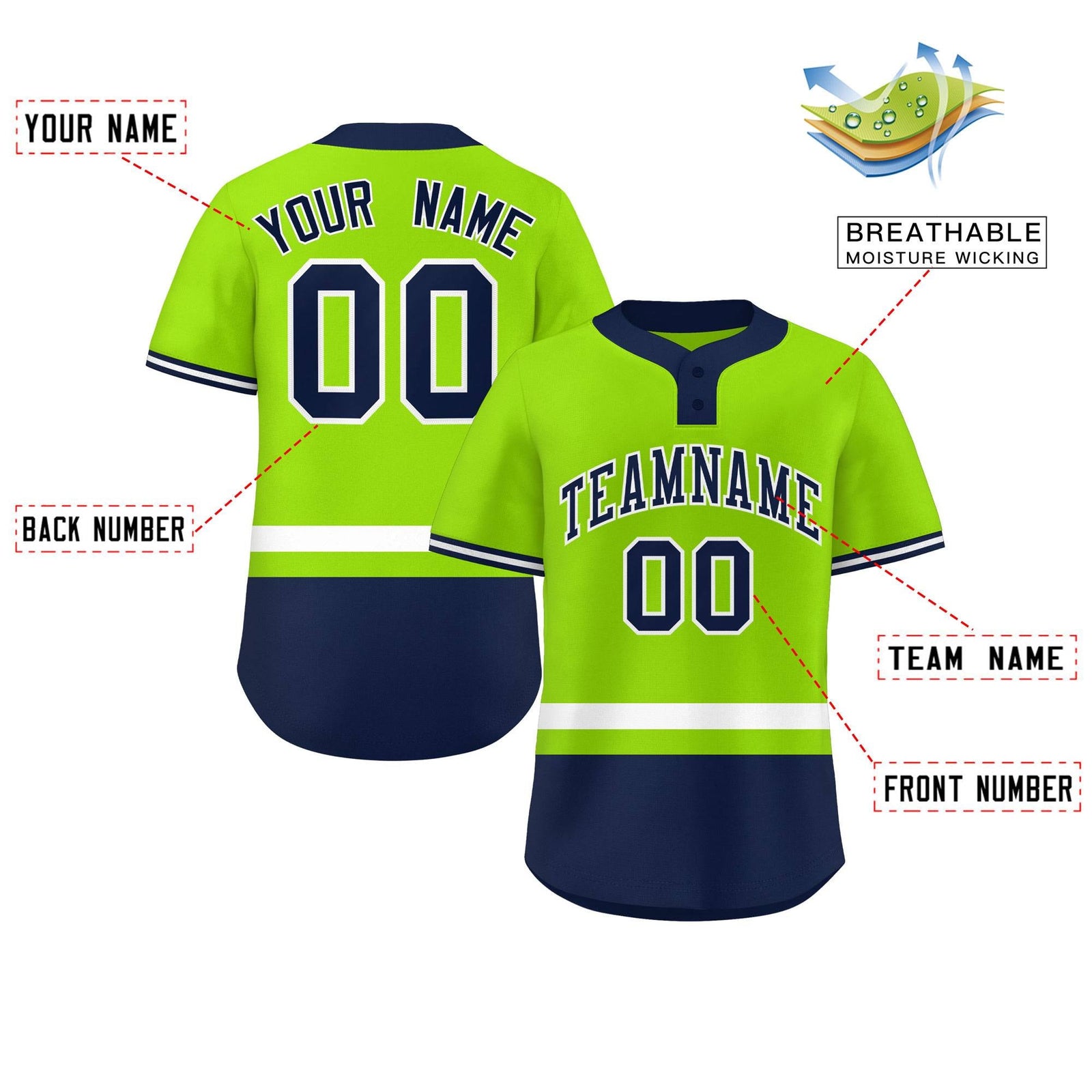 Custom Neon Green White-Navy Color Block Personalized Authentic Two-Button Softball Jersey