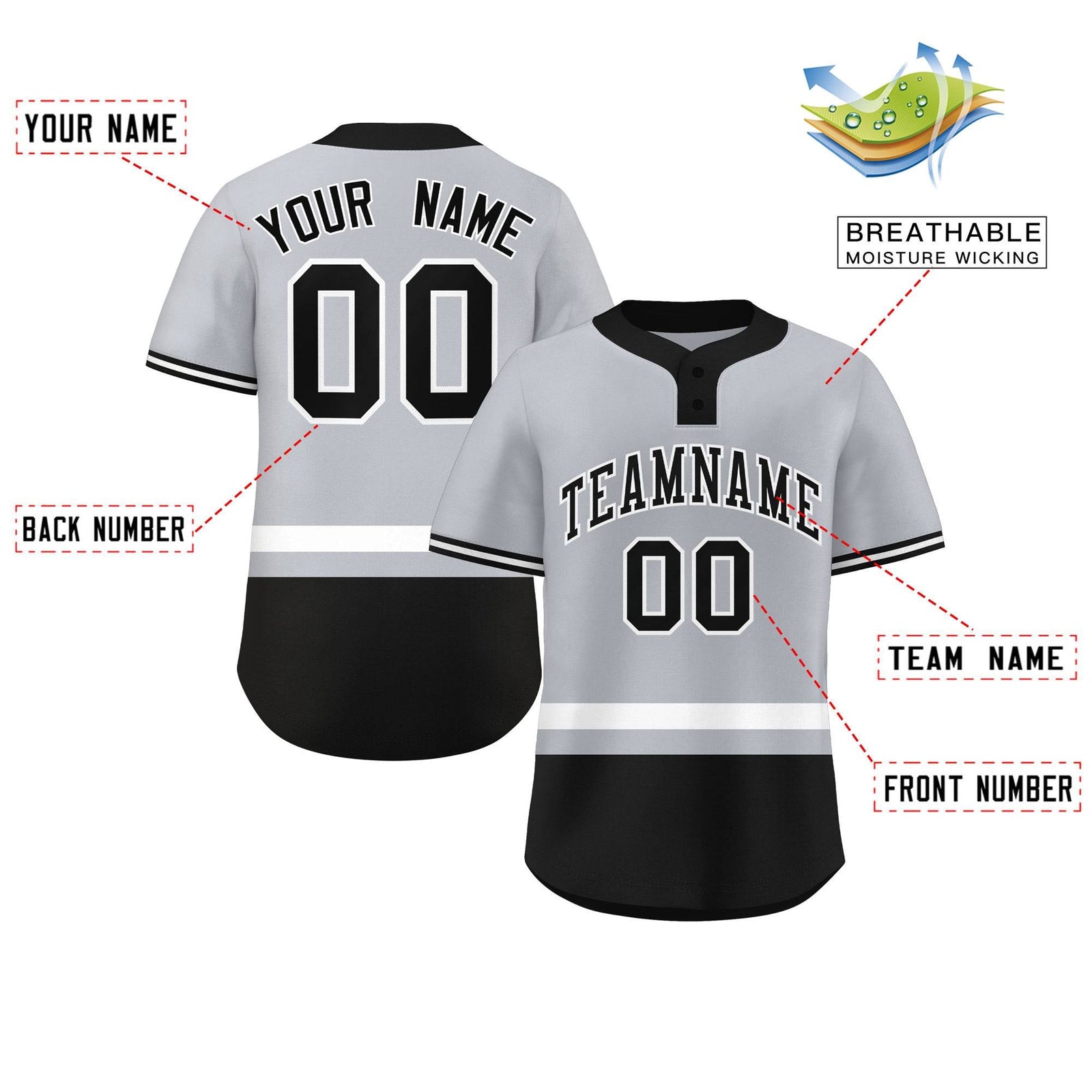 Custom Gray White-Black Color Block Personalized Authentic Two-Button Softball Jersey