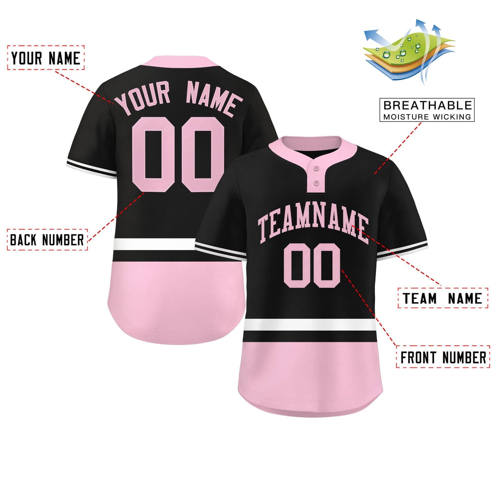 Custom Black White-Lt Pink Color Block Personalized Authentic Two-Button Softball Jersey