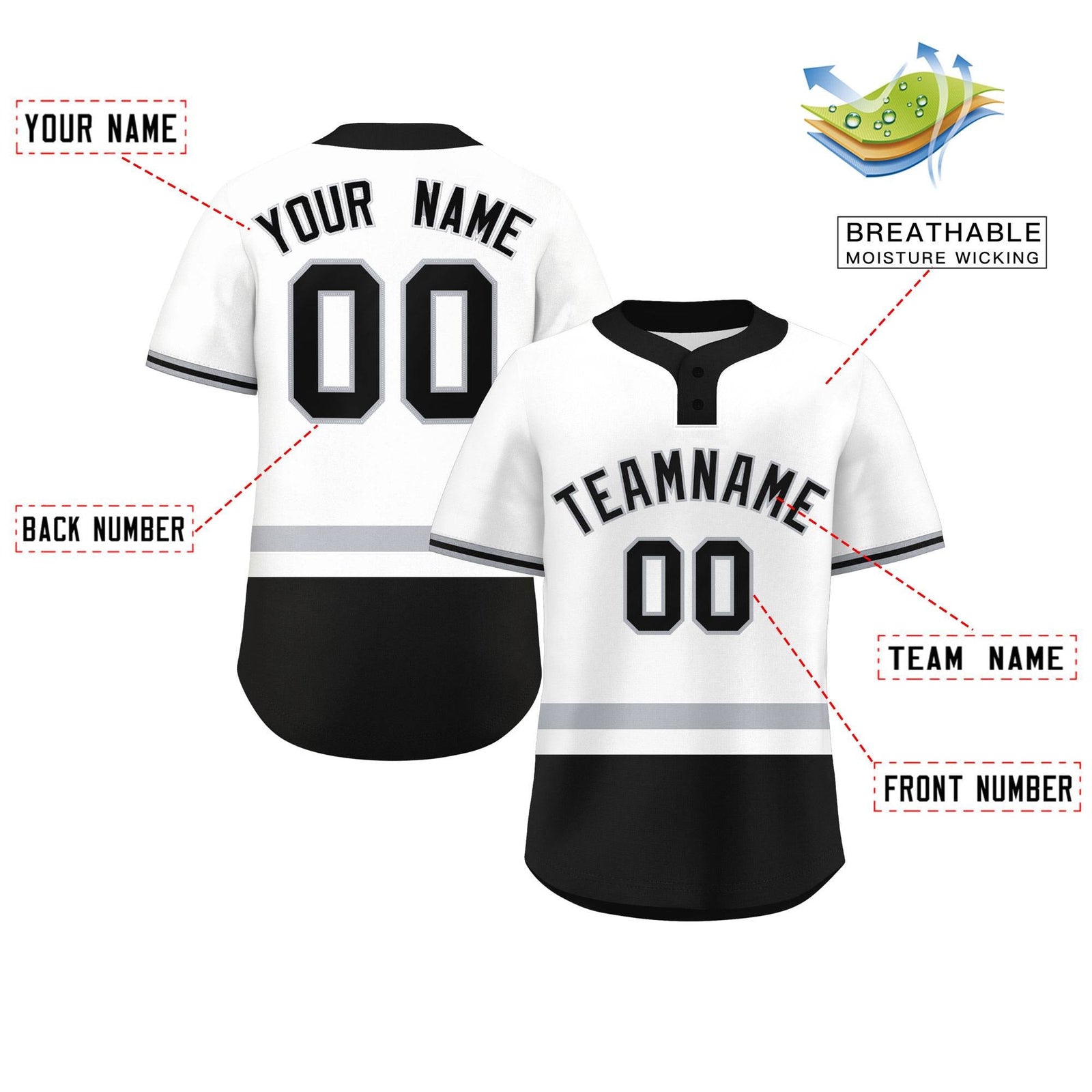 Custom White Gray-Black Color Block Personalized Authentic Two-Button Softball Jersey