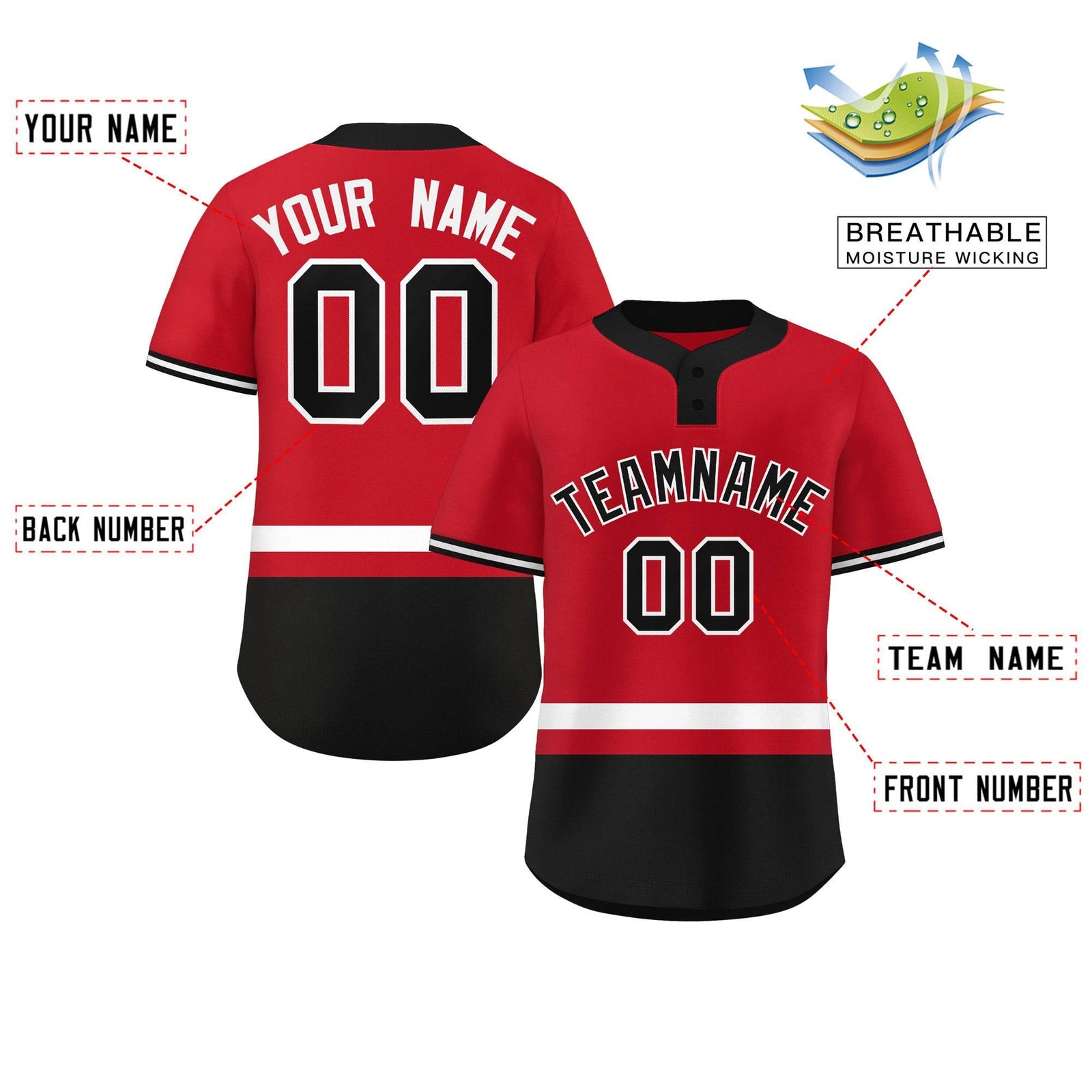 Custom Red White-Black Color Block Personalized Authentic Two-Button Softball Jersey