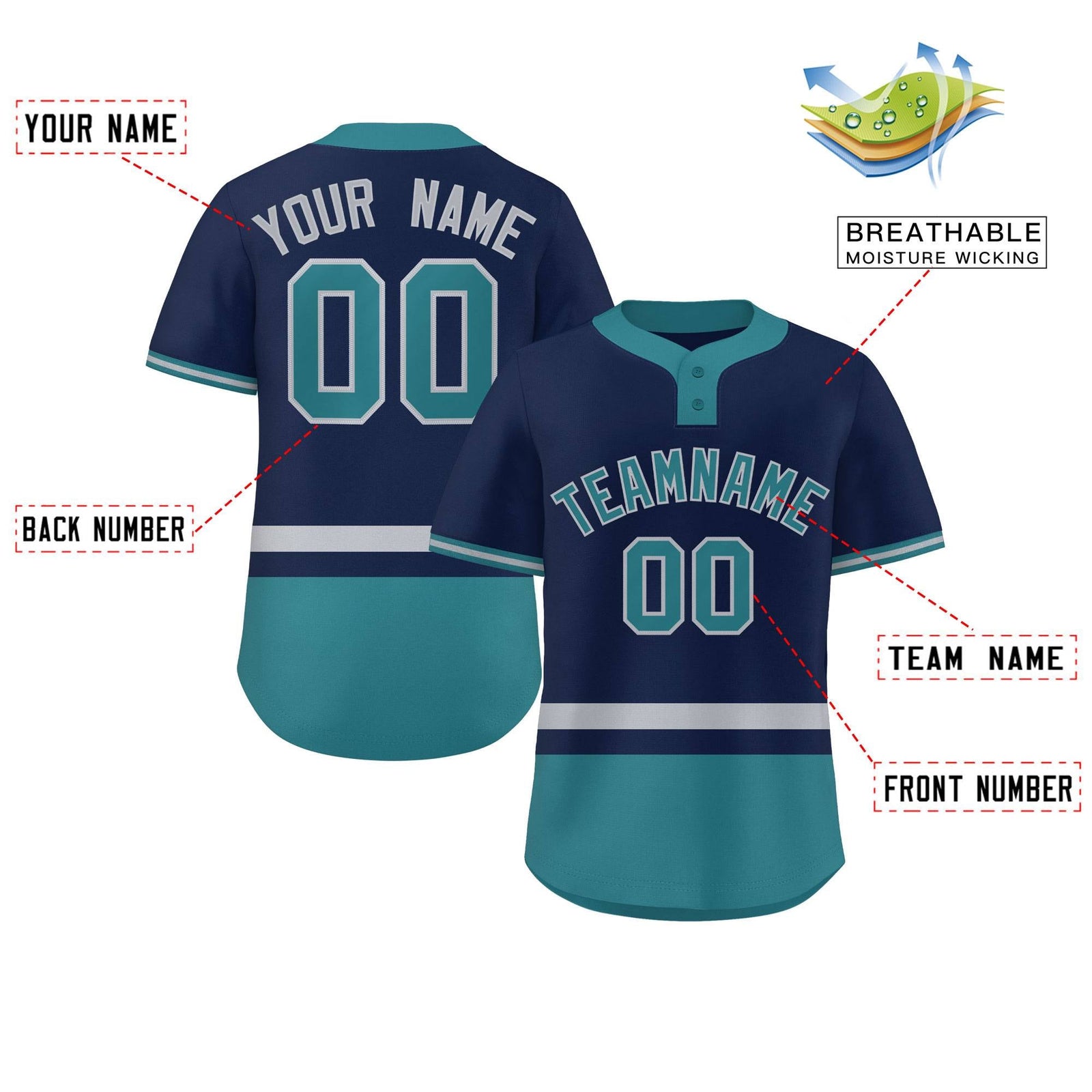 Custom Navy Gray-Aqua Color Block Personalized Authentic Two-Button Softball Jersey