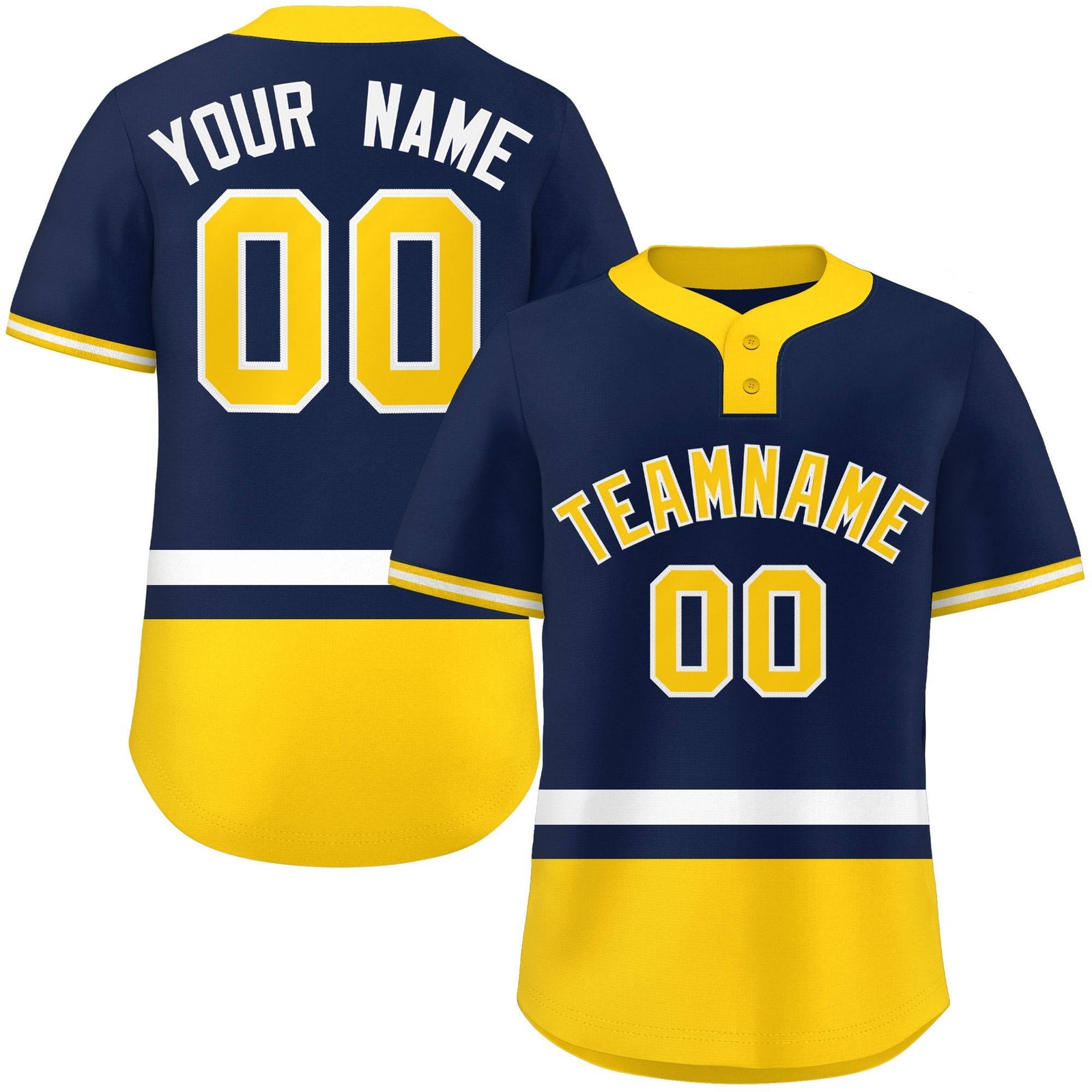 Custom Navy White-Gold Color Block Personalized Authentic Two-Button Softball Jersey