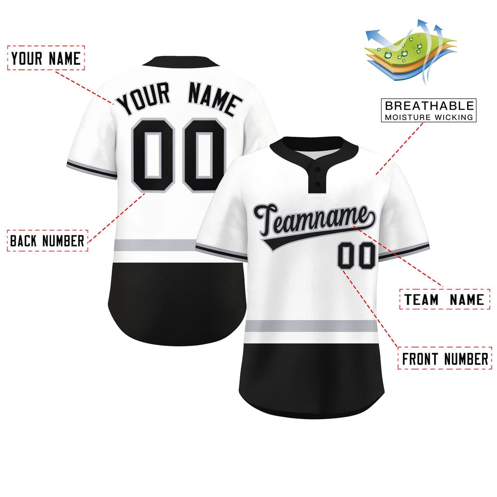 Custom White Gray-Black Color Block Personalized Authentic Two-Button Softball Jersey