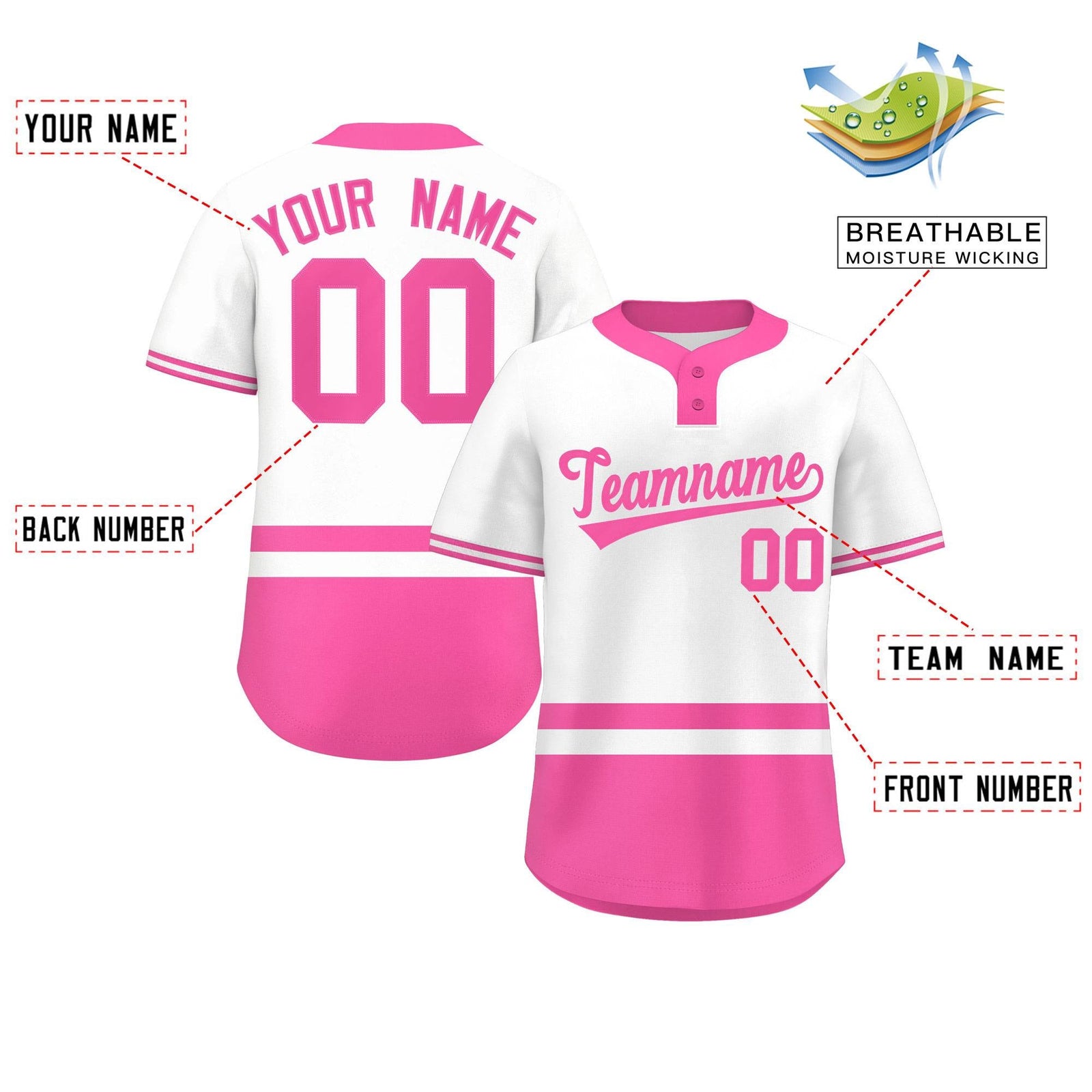Custom White Pink Color Block Personalized Authentic Two-Button Softball Jersey