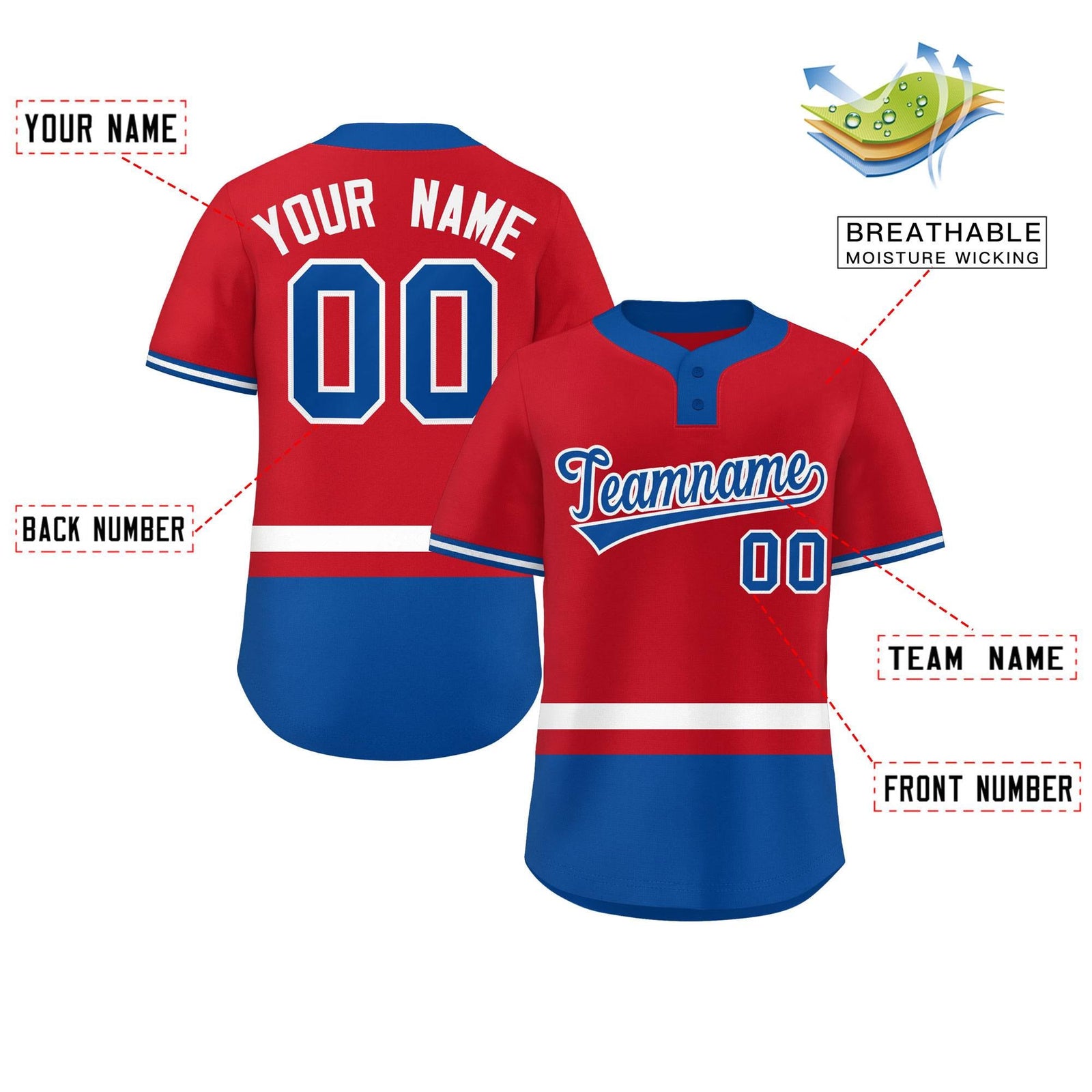 Custom Red White-Royal Color Block Personalized Authentic Two-Button Softball Jersey