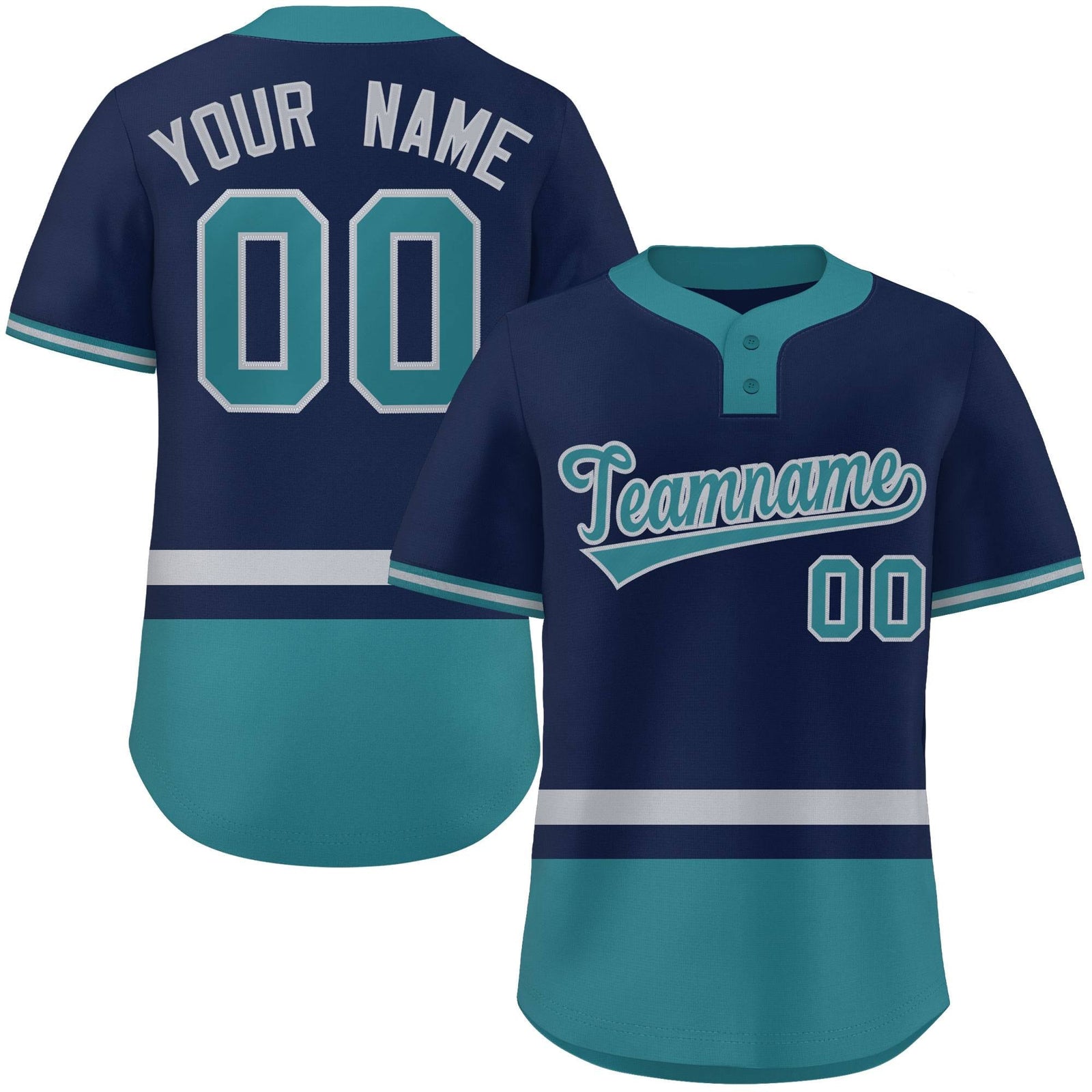 Custom Navy Gray-Aqua Color Block Personalized Authentic Two-Button Softball Jersey