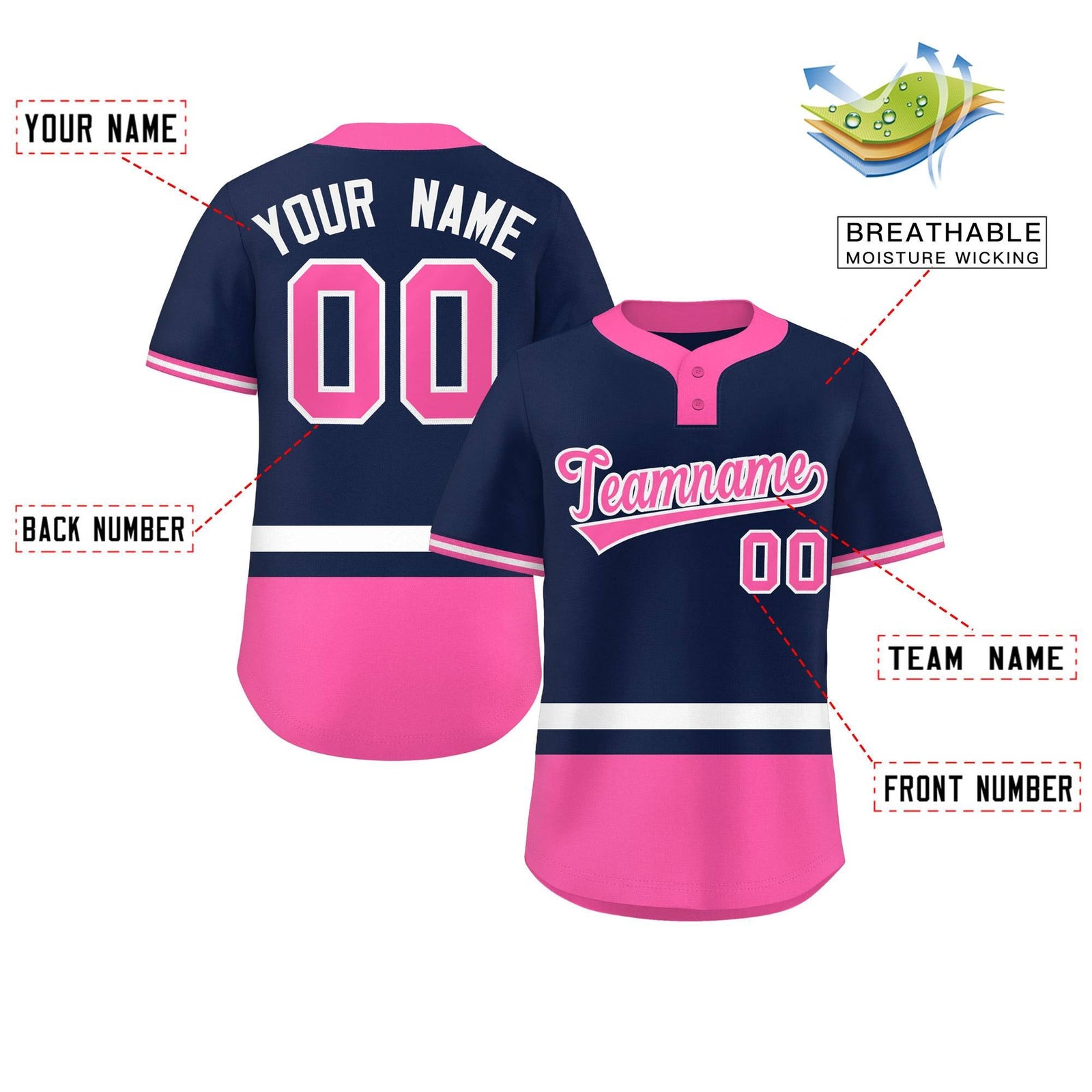 Custom Navy White-Pink Color Block Personalized Authentic Two-Button Softball Jersey
