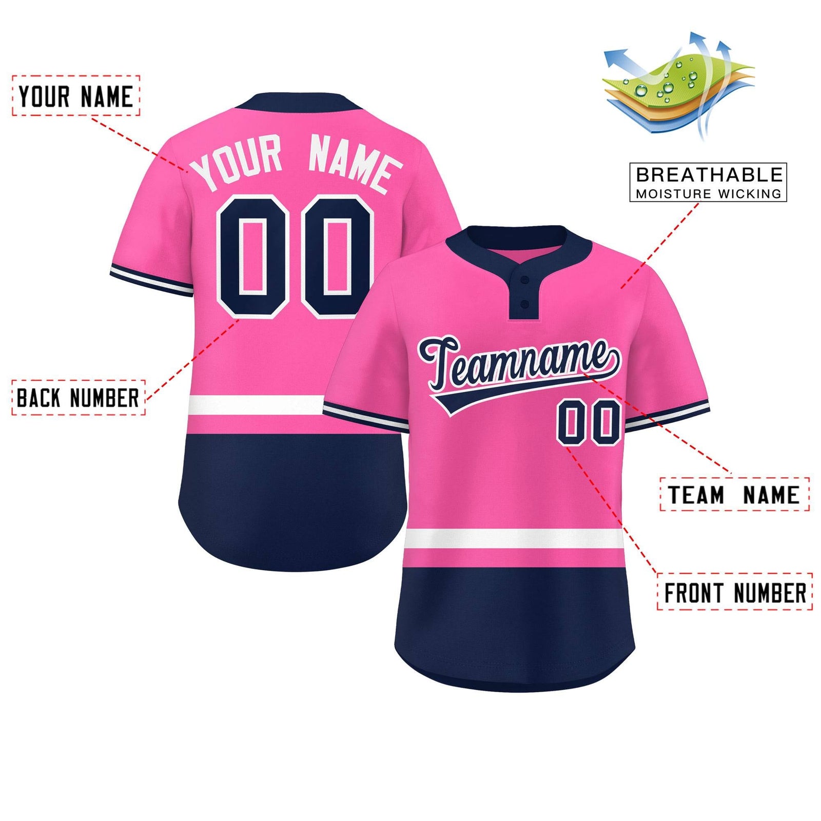 Custom Pink White-Navy Color Block Personalized Authentic Two-Button Softball Jersey