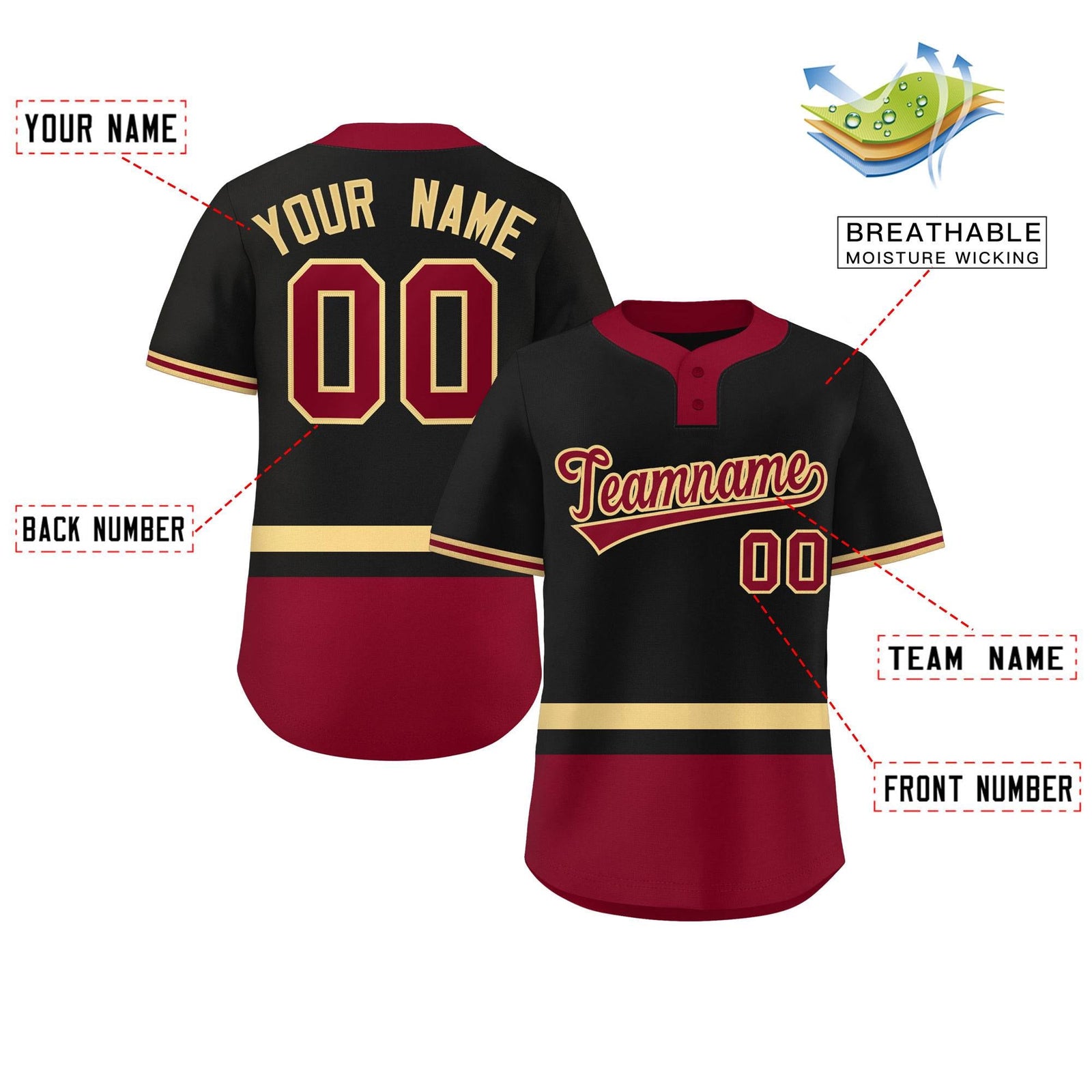 Custom Black Khaki-Crimson Color Block Personalized Authentic Two-Button Softball Jersey