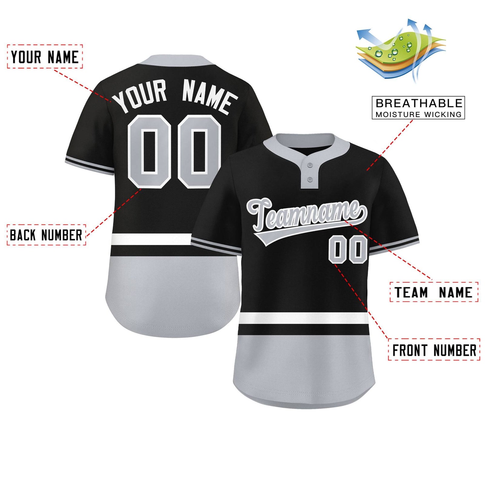 Custom Black White-Gray Color Block Personalized Authentic Two-Button Softball Jersey