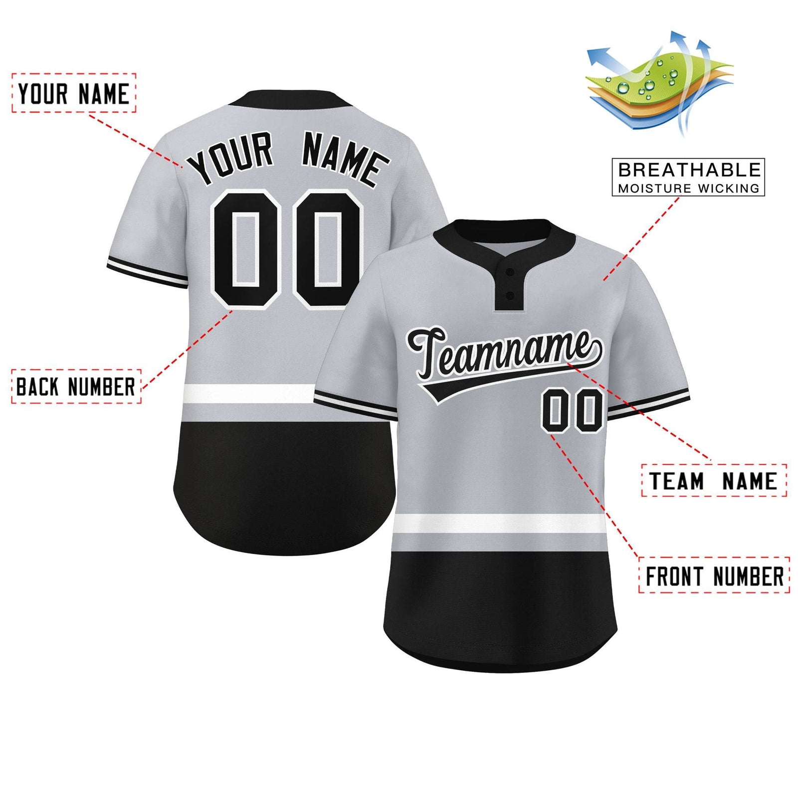 Custom Gray White-Black Color Block Personalized Authentic Two-Button Softball Jersey
