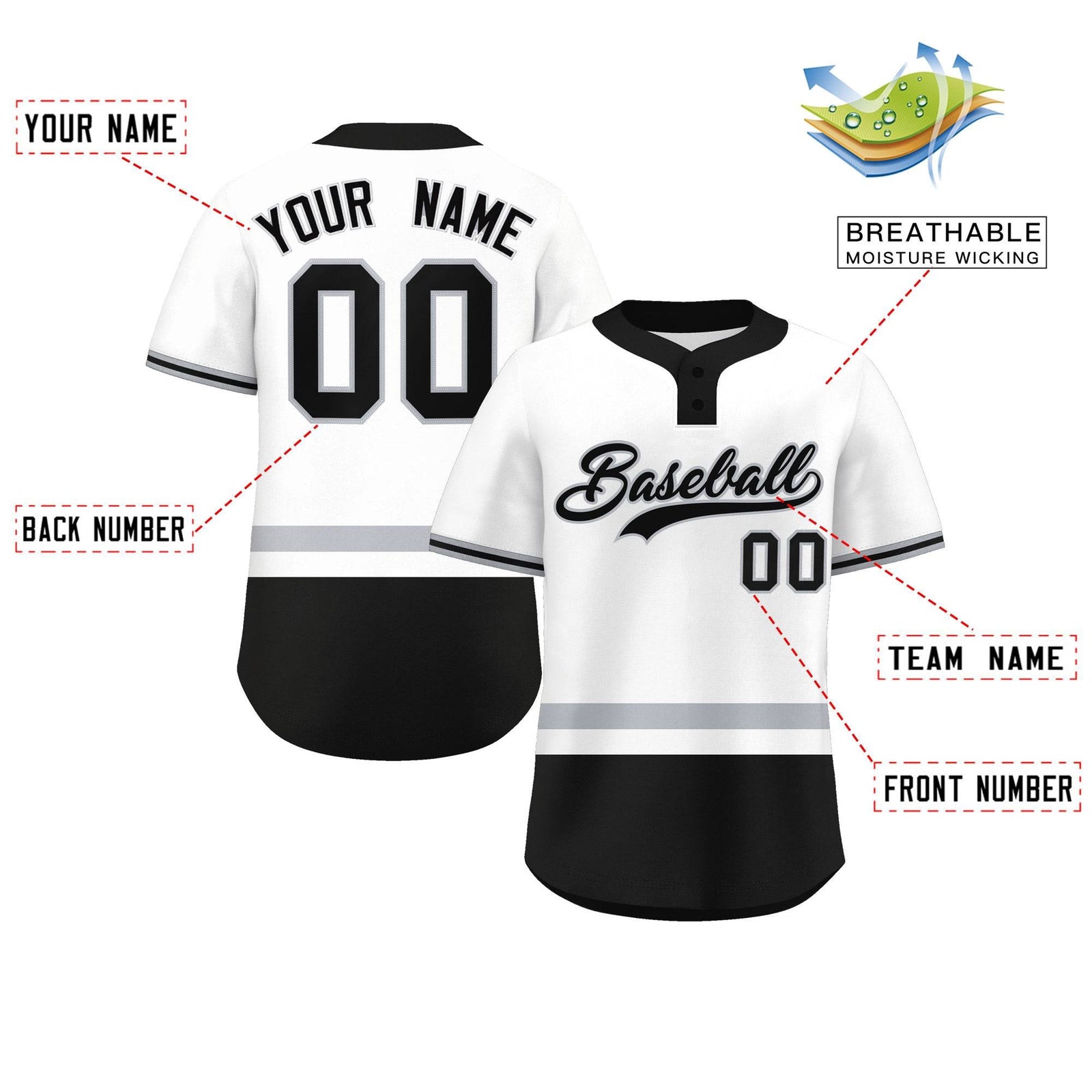 Custom White Gray-Black Color Block Personalized Authentic Two-Button Softball Jersey
