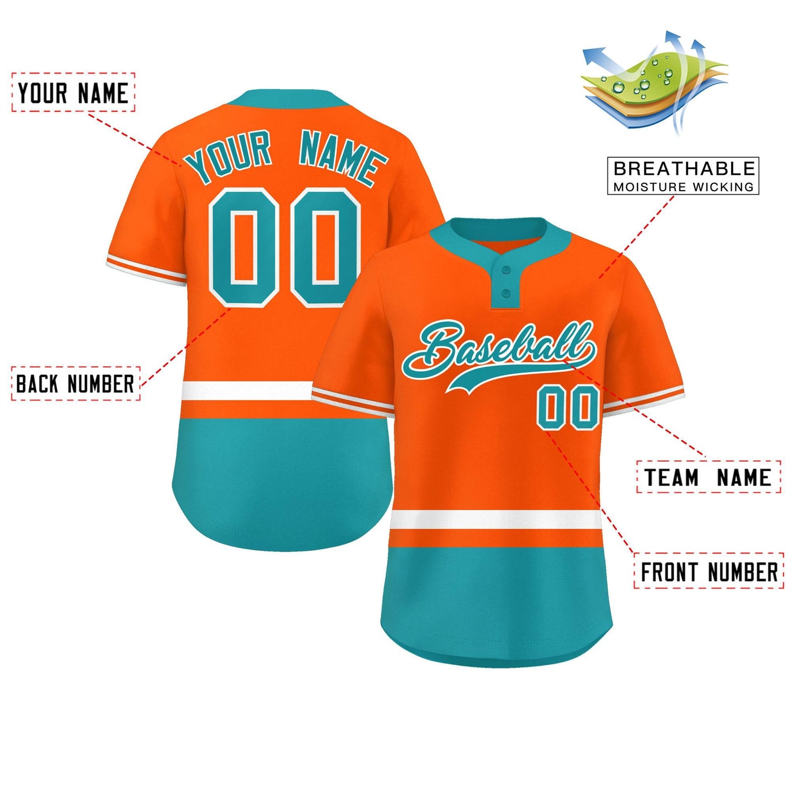 Custom Orange White-Aqua Color Block Personalized Authentic Two-Button Softball Jersey