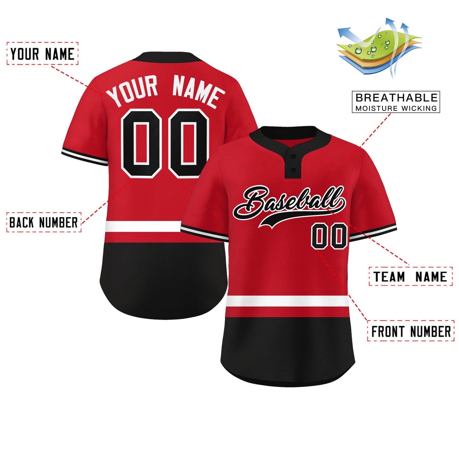 Custom Red White-Black Color Block Personalized Authentic Two-Button Softball Jersey