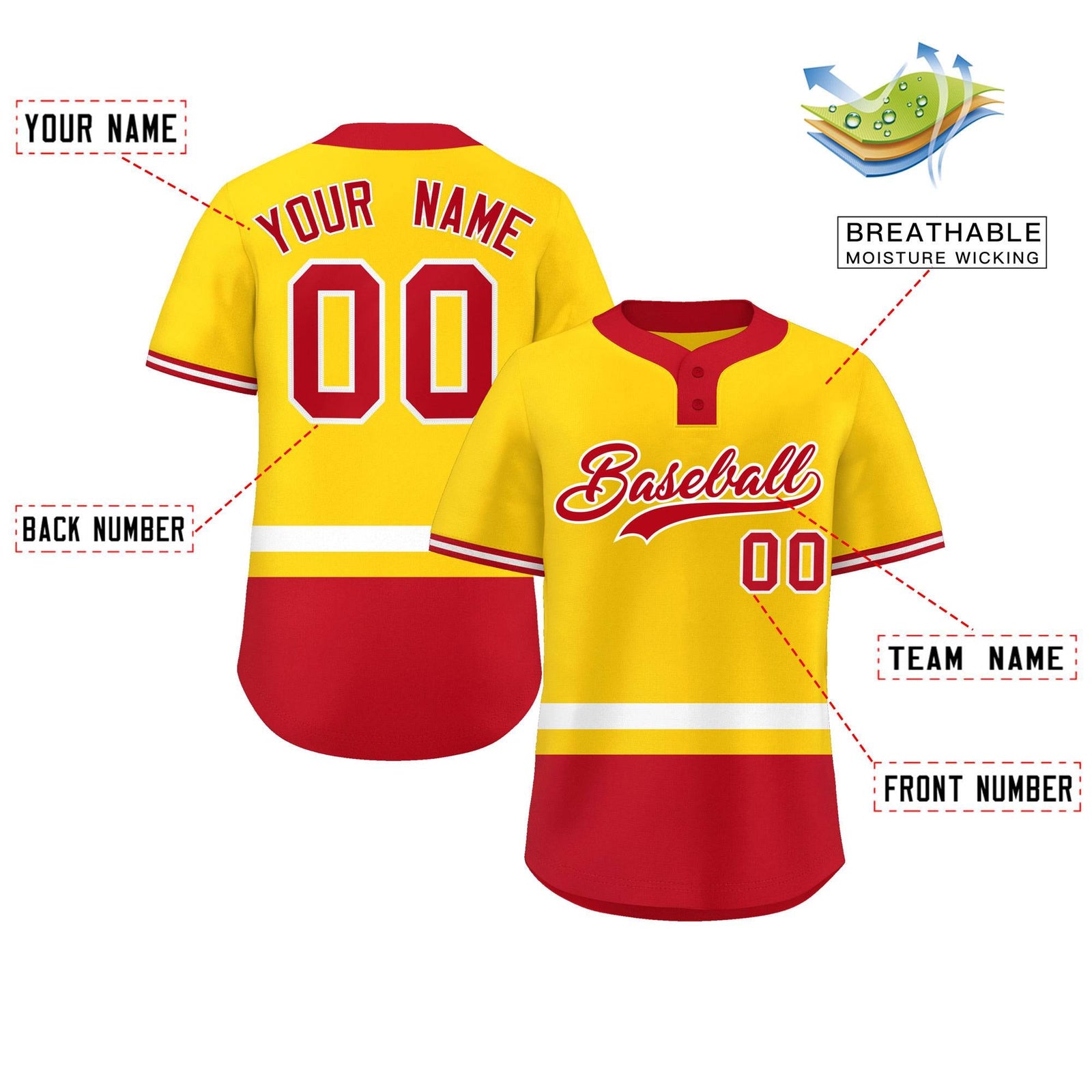 Custom Gold White-Red Color Block Personalized Authentic Two-Button Softball Jersey