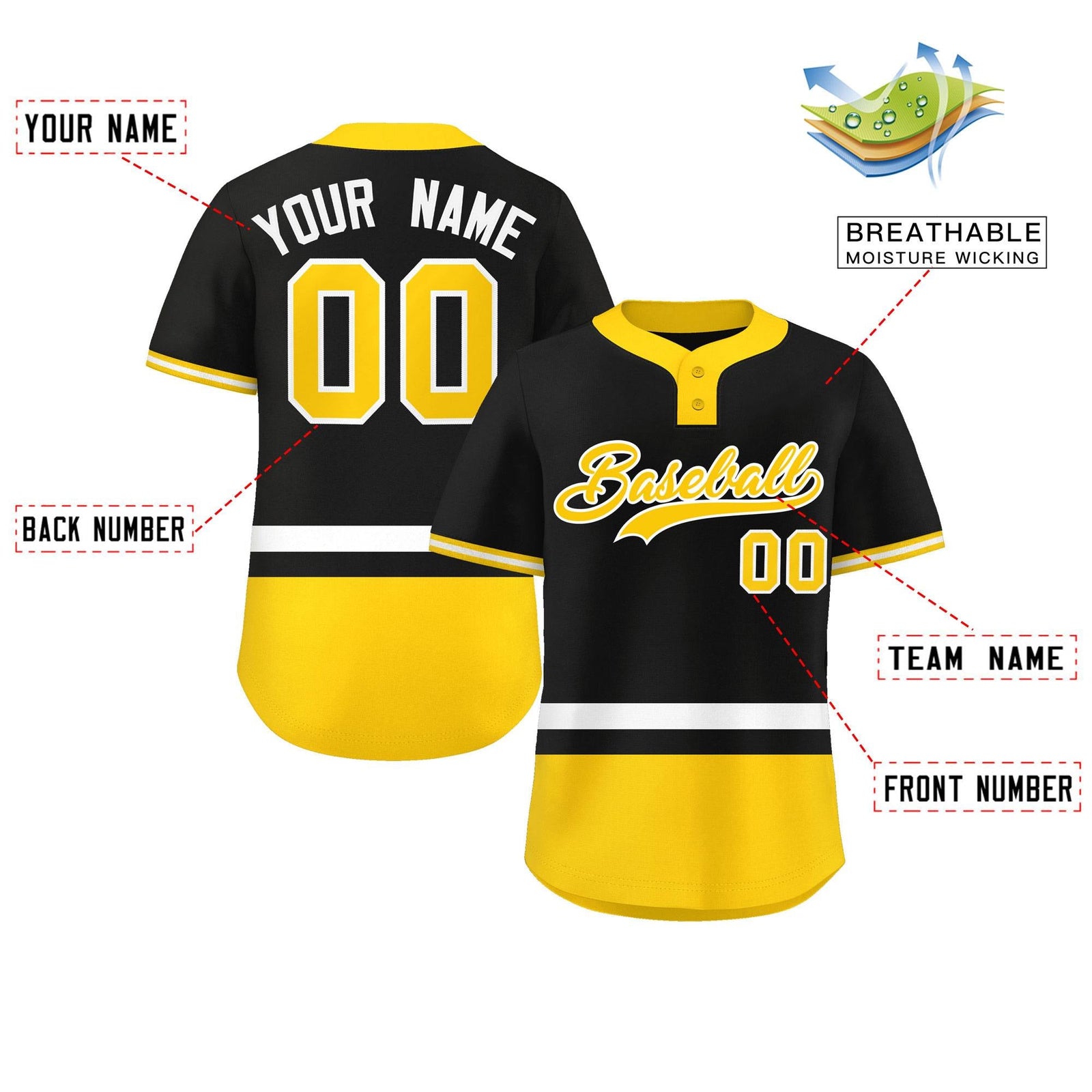 Custom Black White-Gold Color Block Personalized Authentic Two-Button Softball Jersey