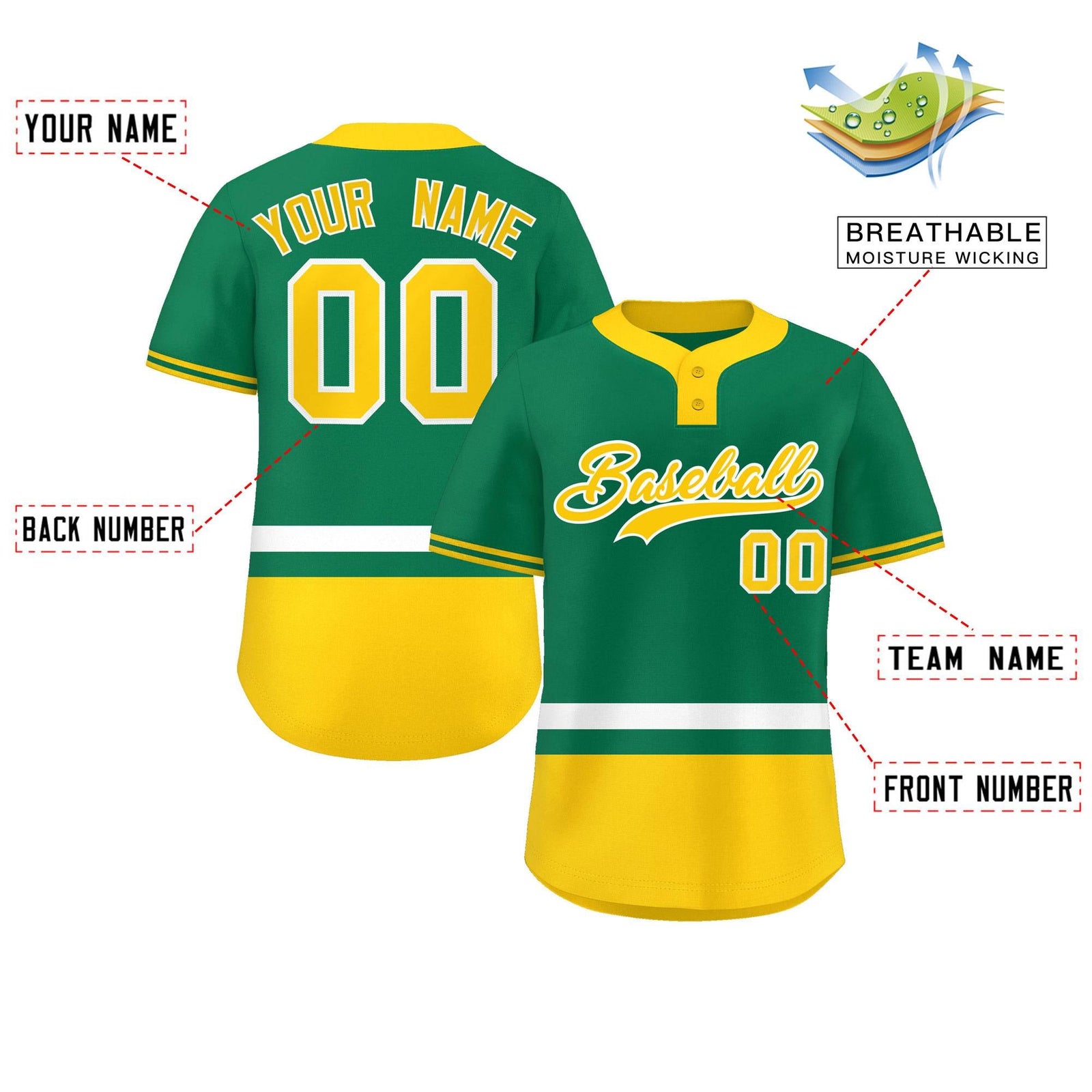Custom Kelly Green White-Gold Color Block Personalized Authentic Two-Button Softball Jersey