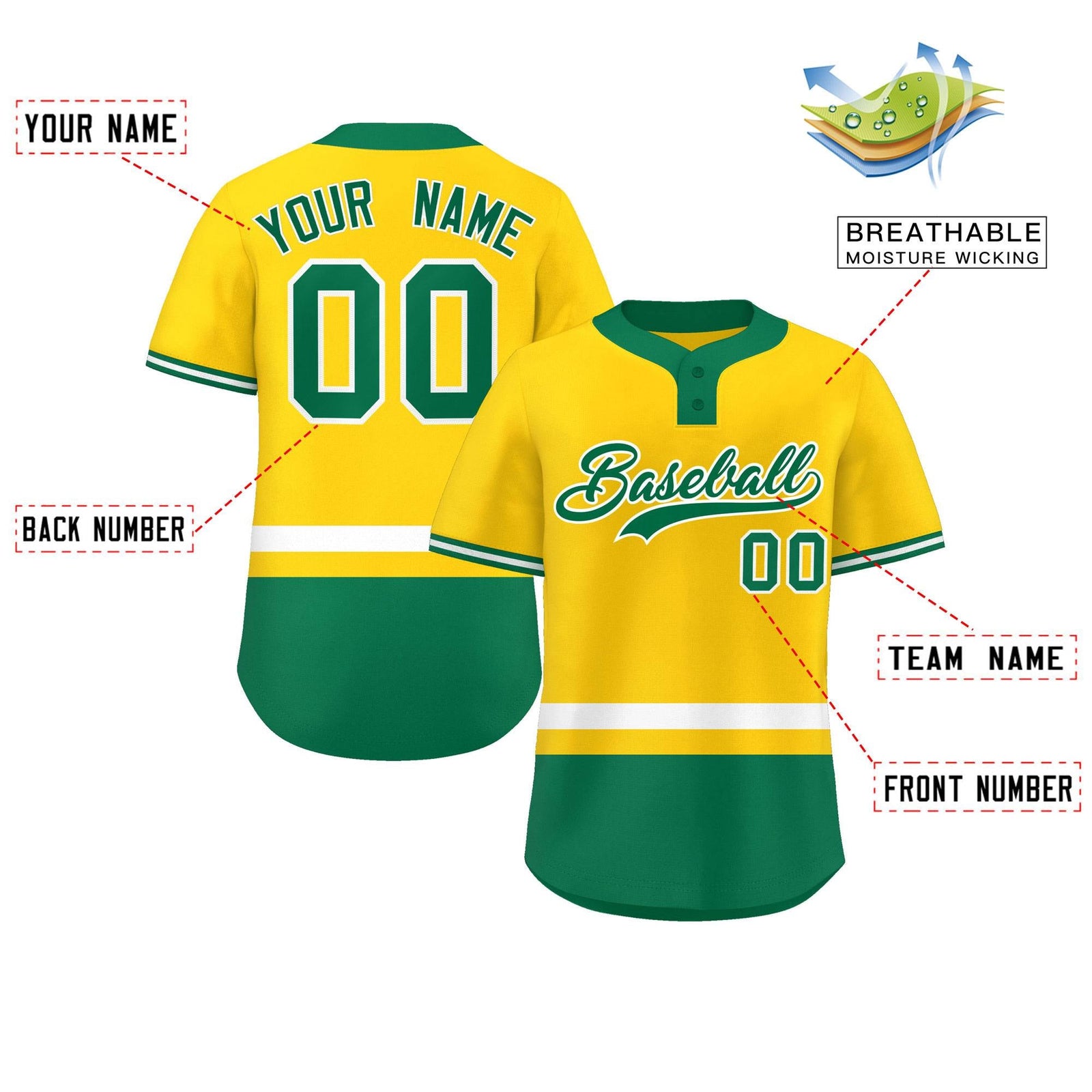 Custom Gold White-Kelly Green Color Block Personalized Authentic Two-Button Softball Jersey