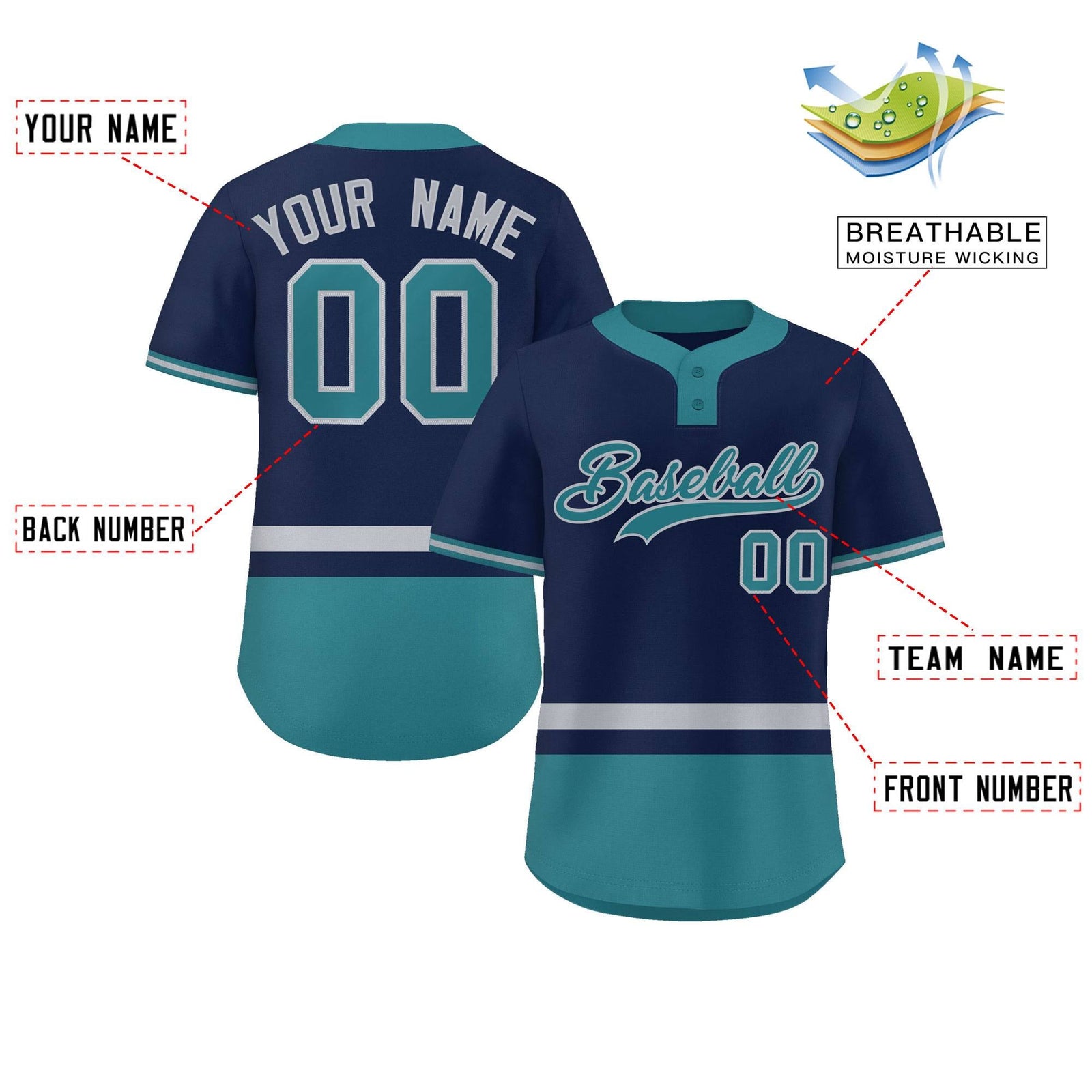 Custom Navy Gray-Aqua Color Block Personalized Authentic Two-Button Softball Jersey