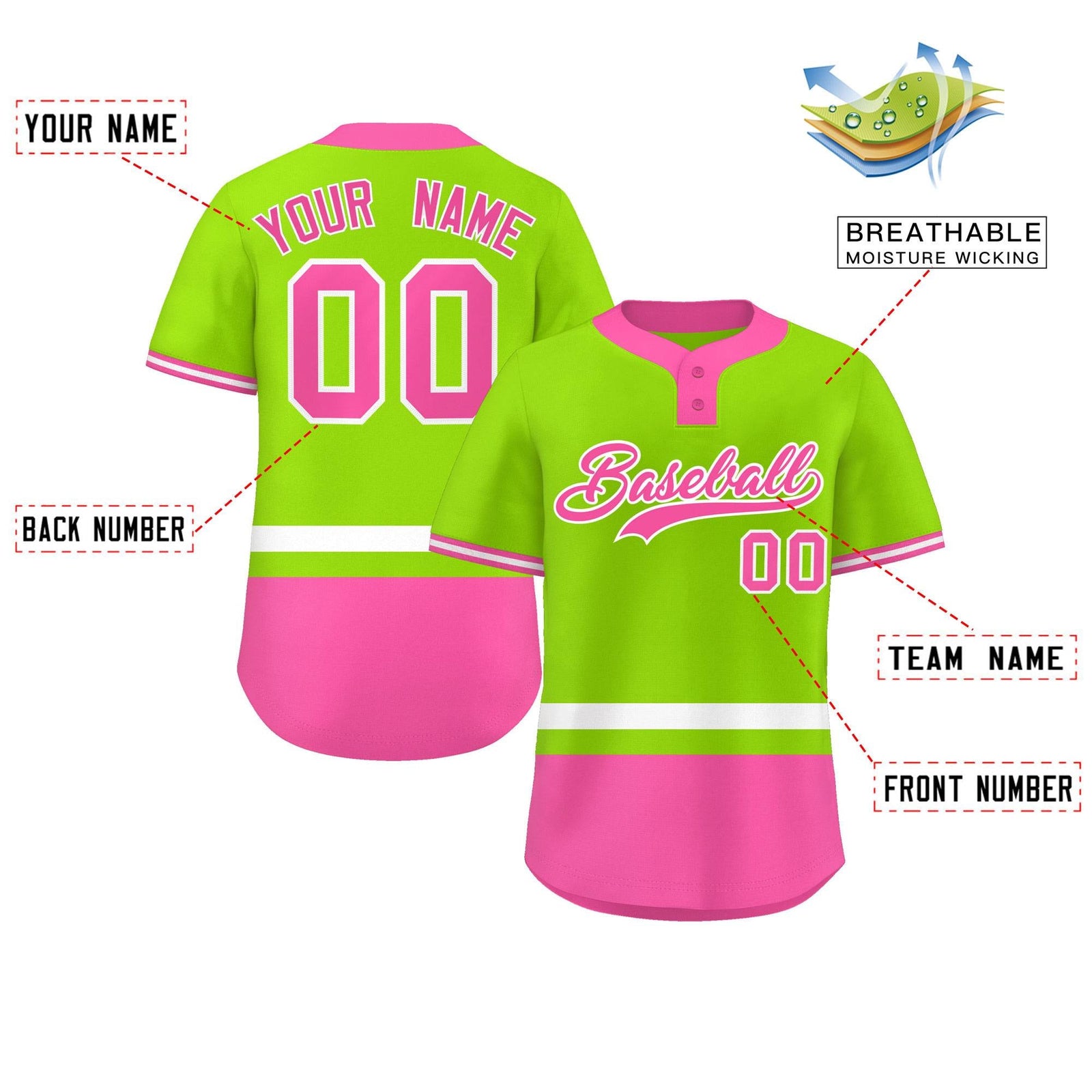Custom Neon Green White-Pink Color Block Personalized Authentic Two-Button Softball Jersey