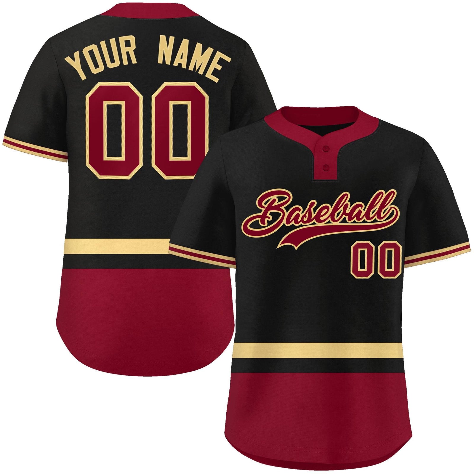 Custom Black Khaki-Crimson Color Block Personalized Authentic Two-Button Softball Jersey