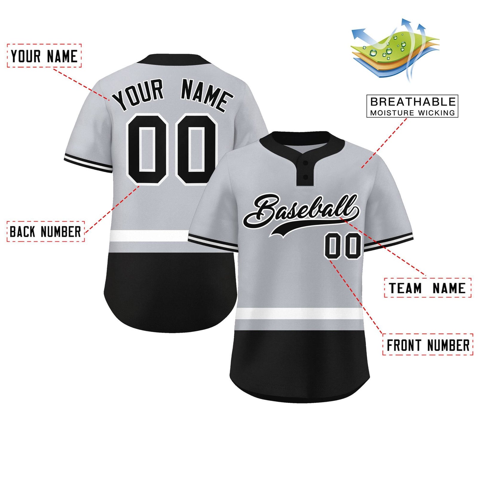 Custom Gray White-Black Color Block Personalized Authentic Two-Button Softball Jersey
