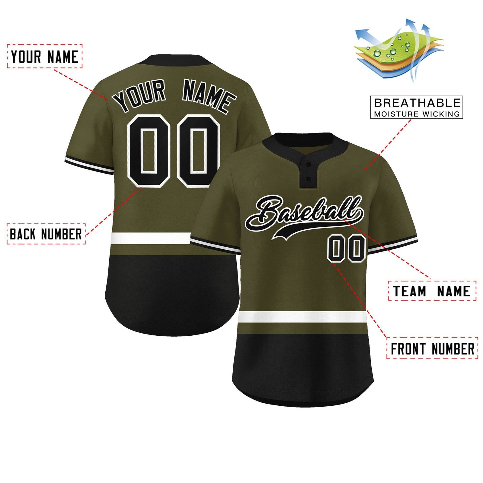 Custom Olive White-Black Color Block Personalized Authentic Two-Button Softball Jersey