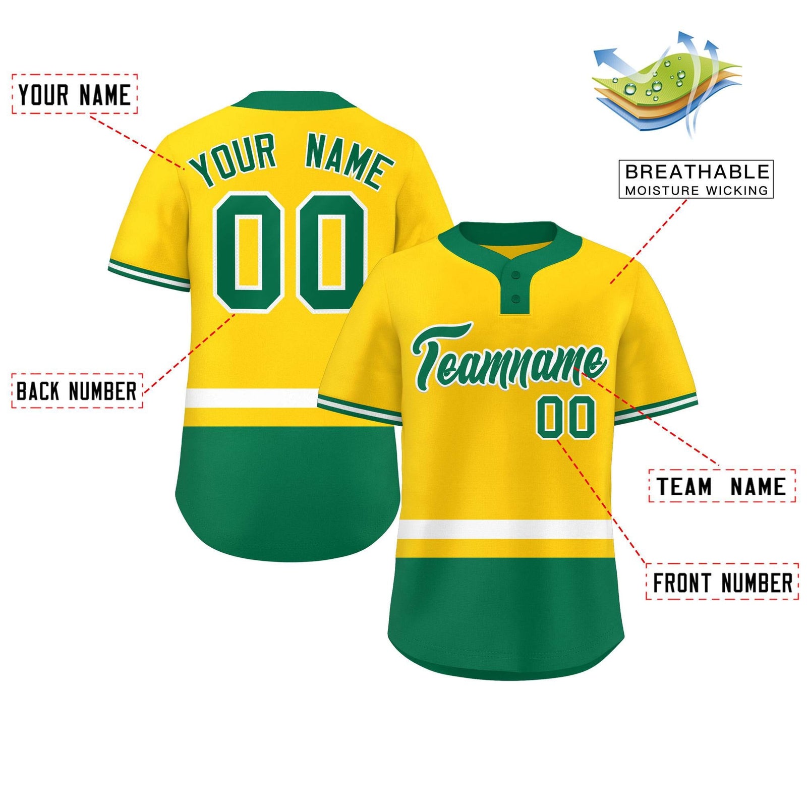 Custom Gold White-Kelly Green Color Block Personalized Authentic Two-Button Softball Jersey
