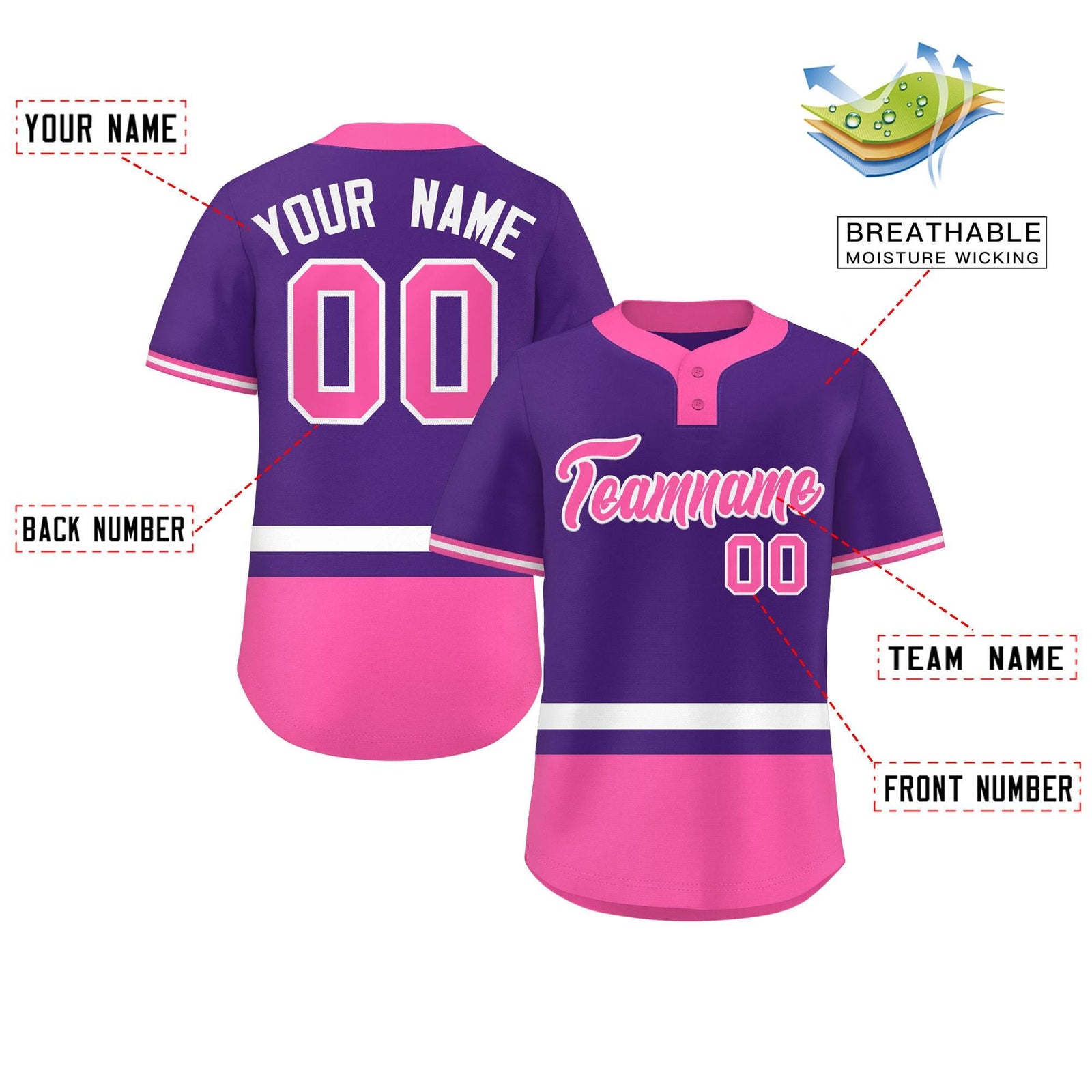 Custom Purple White-Pink Color Block Personalized Authentic Two-Button Softball Jersey