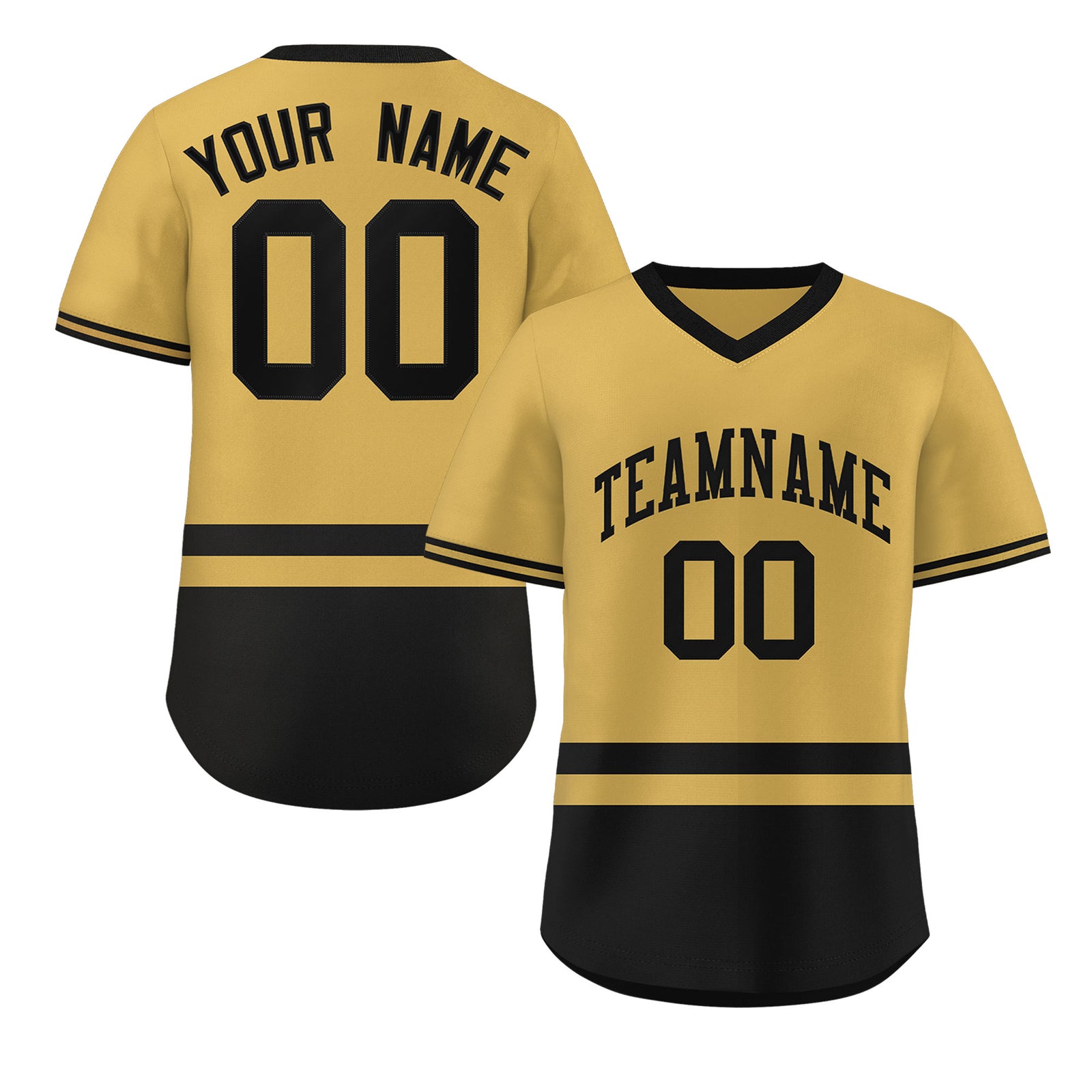 Custom Gold Black Color Block Personalized V-Neck Authentic Pullover Baseball Jersey