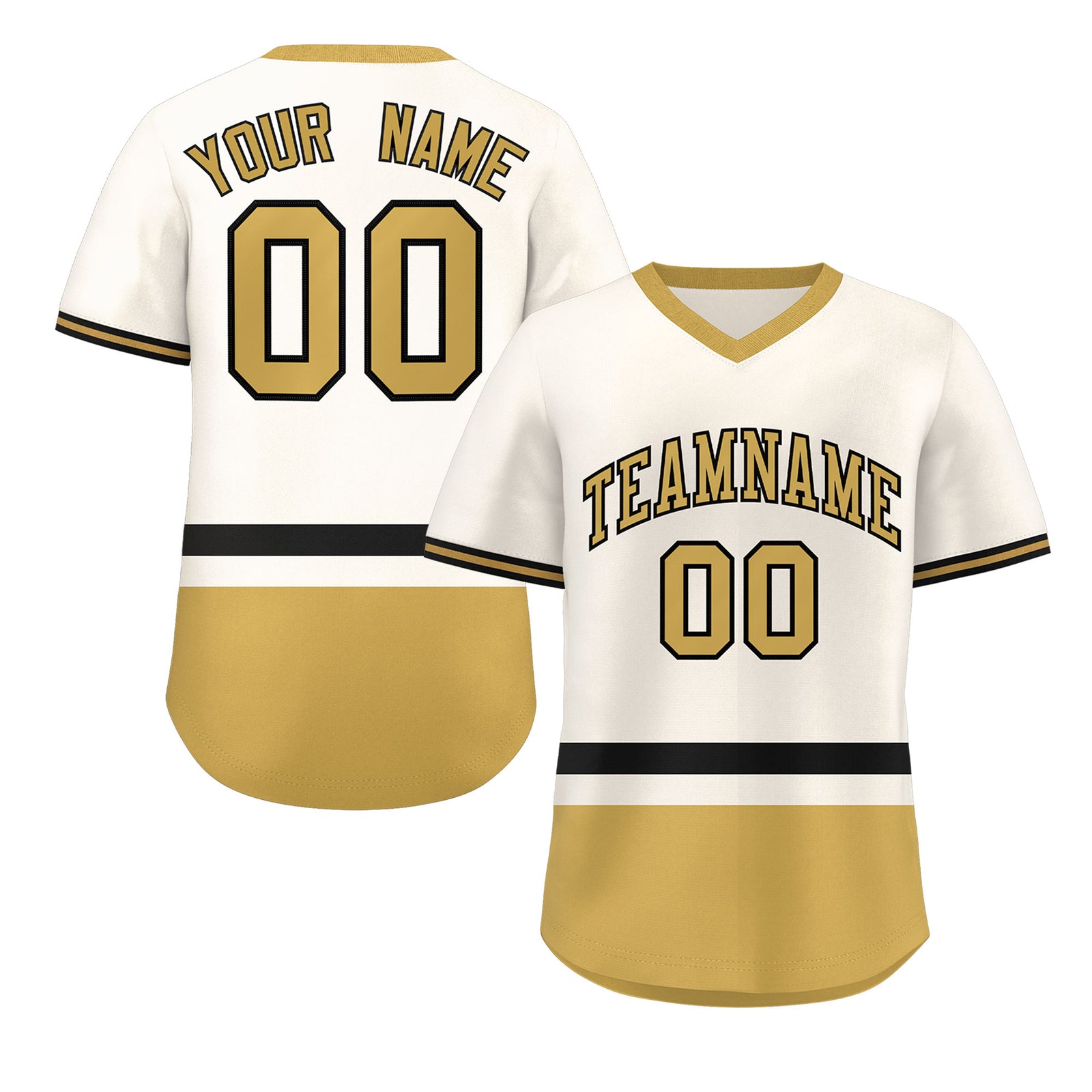 Custom Cream Black-Old Gold Color Block Personalized V-Neck Authentic Pullover Baseball Jersey